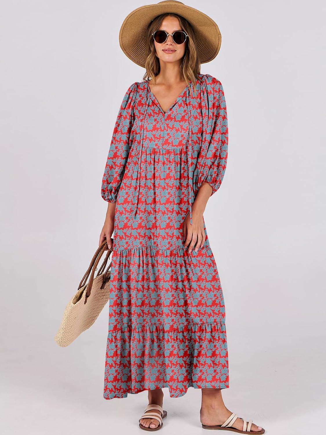 imageANRABESS Womens Boho Maxi Dresses 2025 Summer V Neck Puff Sleeve Floral Flowy Swing Fall Casual Long DressRed Blue