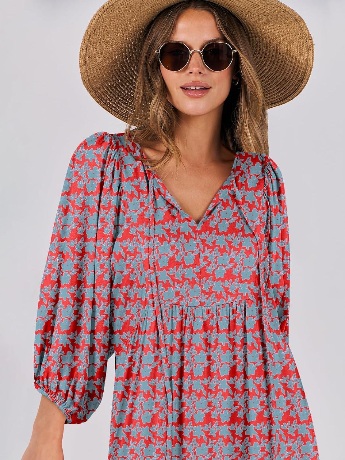 imageANRABESS Womens Boho Maxi Dresses 2025 Summer V Neck Puff Sleeve Floral Flowy Swing Fall Casual Long DressRed Blue