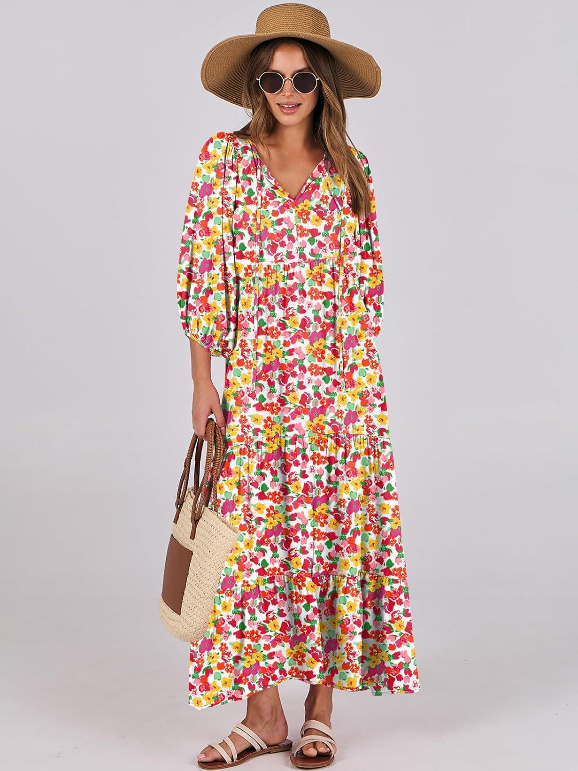 imageANRABESS Womens Boho Maxi Dresses 2025 Summer V Neck Puff Sleeve Floral Flowy Swing Fall Casual Long DressRed Floral Yellow