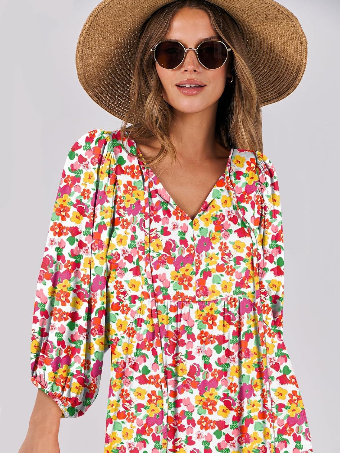 imageANRABESS Womens Boho Maxi Dresses 2025 Summer V Neck Puff Sleeve Floral Flowy Swing Fall Casual Long DressRed Floral Yellow