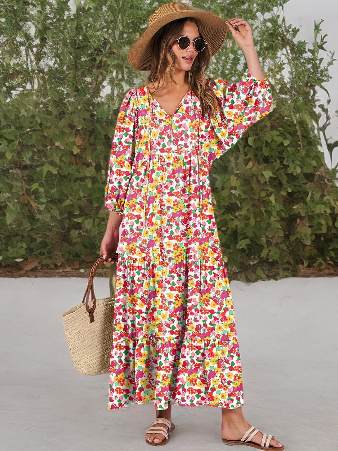 imageANRABESS Womens Boho Maxi Dresses 2025 Summer V Neck Puff Sleeve Floral Flowy Swing Fall Casual Long DressRed Floral Yellow