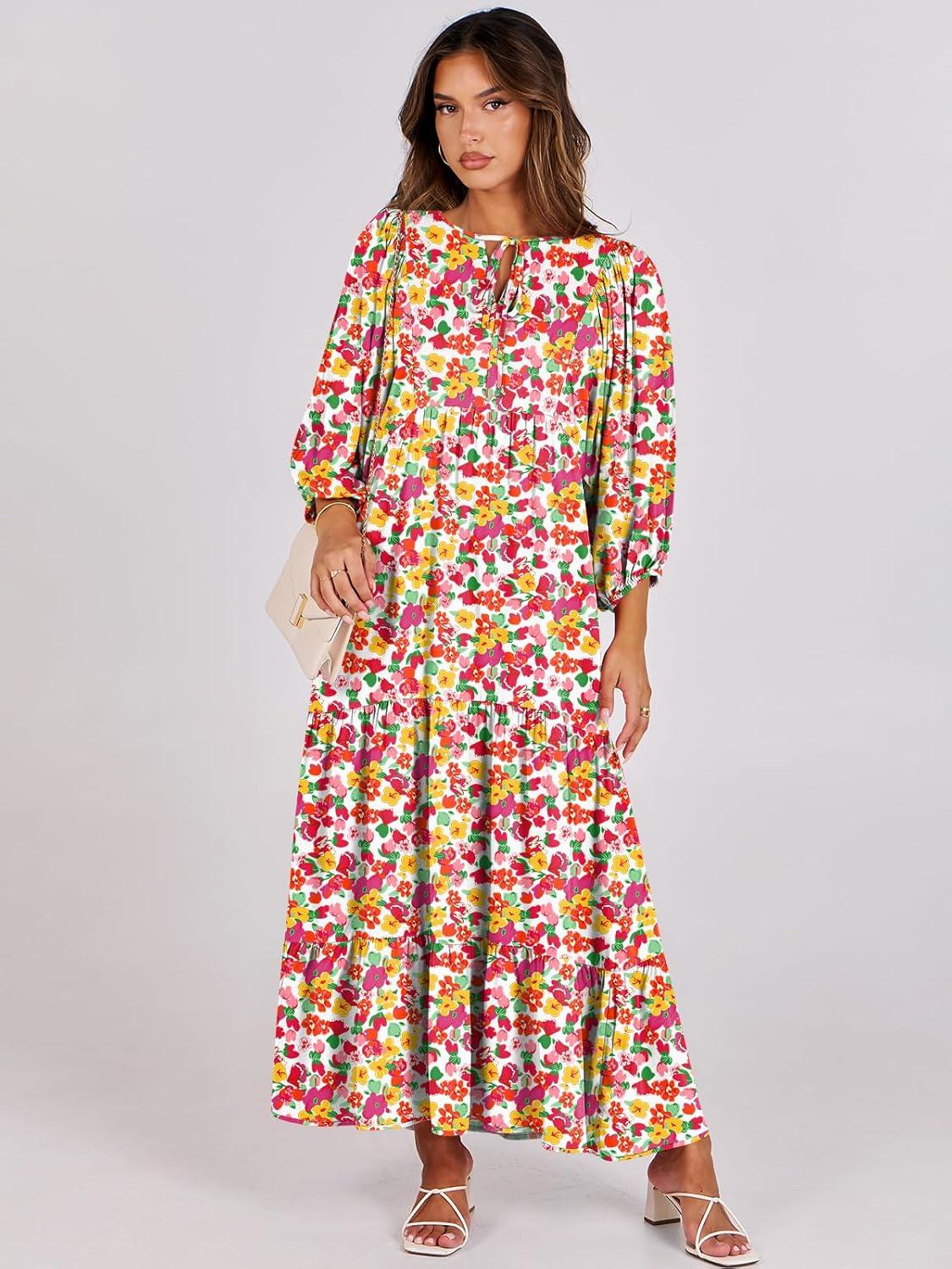 imageANRABESS Womens Boho Maxi Dresses 2025 Summer V Neck Puff Sleeve Floral Flowy Swing Fall Casual Long DressRed Floral Yellow