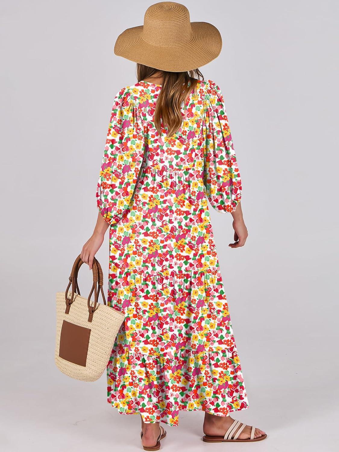 imageANRABESS Womens Boho Maxi Dresses 2025 Summer V Neck Puff Sleeve Floral Flowy Swing Fall Casual Long DressRed Floral Yellow