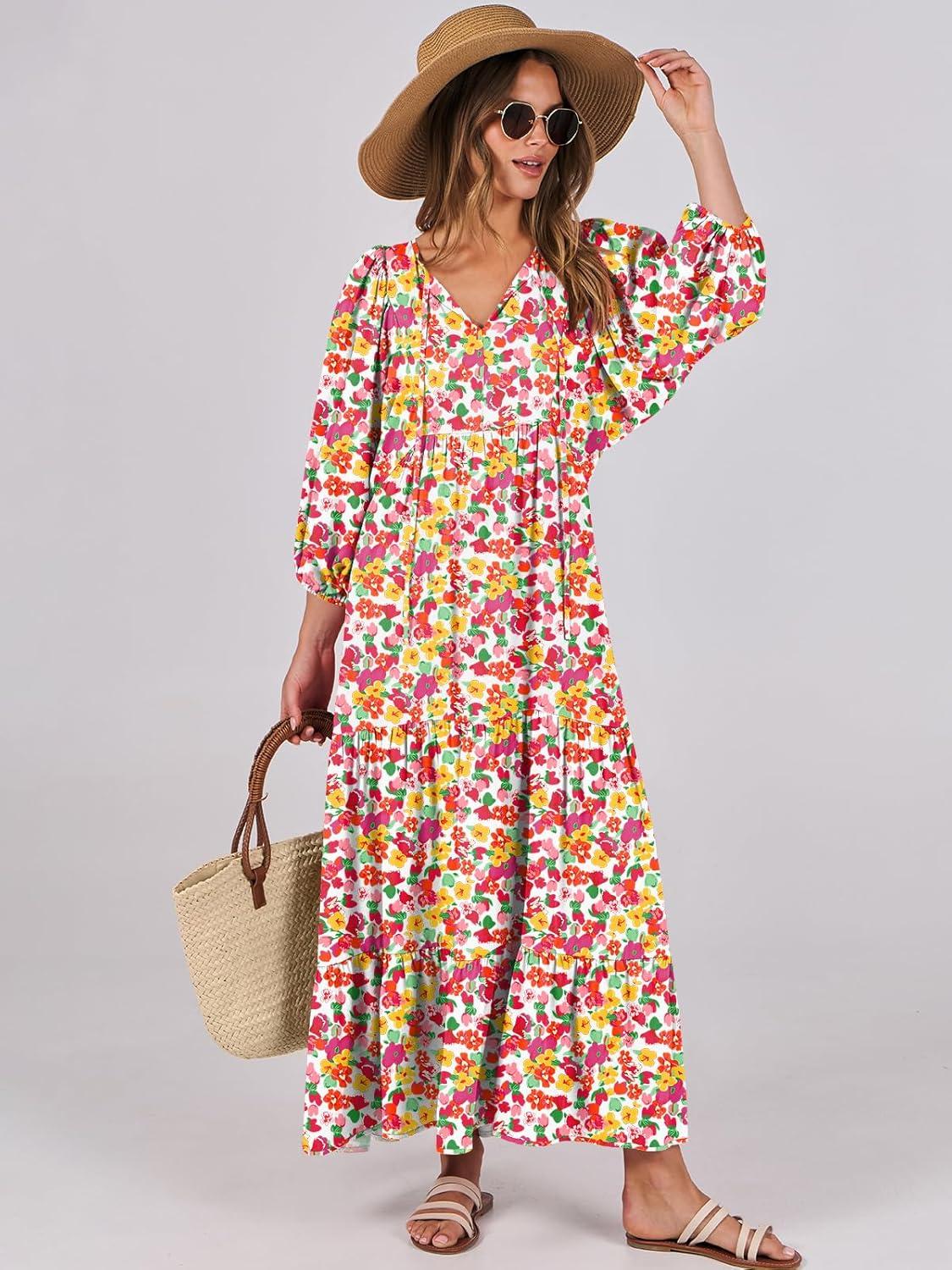 imageANRABESS Womens Boho Maxi Dresses 2025 Summer V Neck Puff Sleeve Floral Flowy Swing Fall Casual Long DressRed Floral Yellow