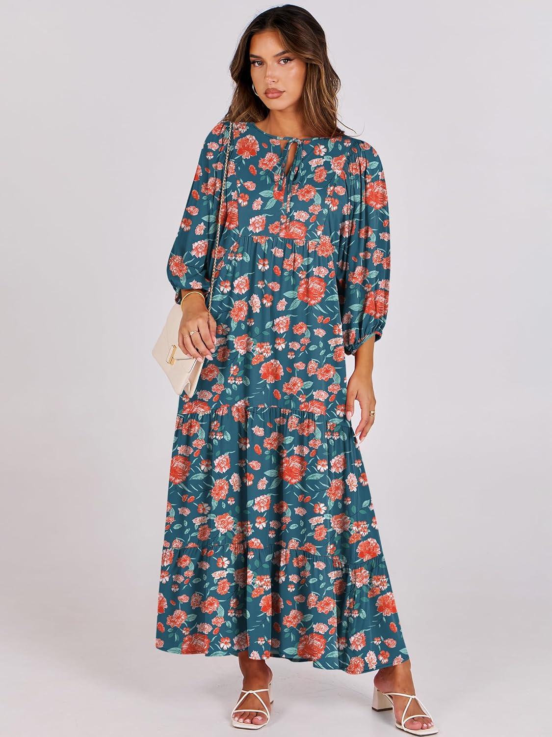 imageANRABESS Womens Boho Maxi Dresses 2025 Summer V Neck Puff Sleeve Floral Flowy Swing Fall Casual Long DressTeal Red Floral
