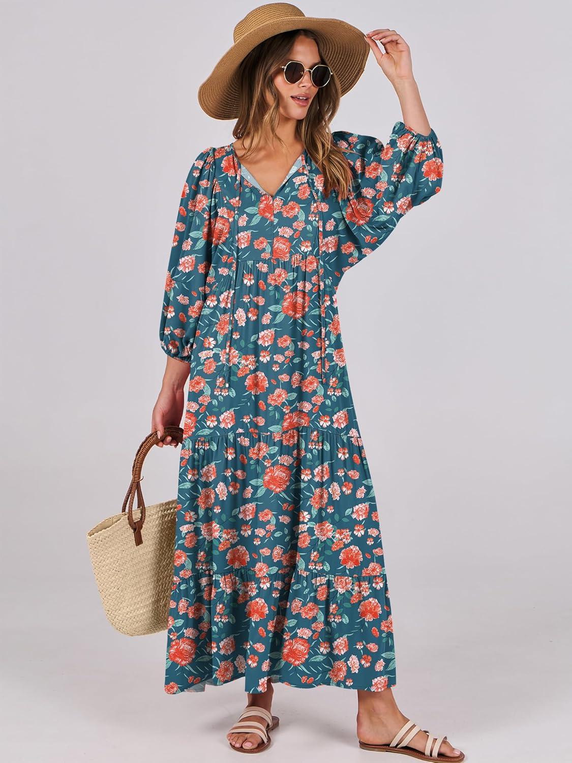 imageANRABESS Womens Boho Maxi Dresses 2025 Summer V Neck Puff Sleeve Floral Flowy Swing Fall Casual Long DressTeal Red Floral