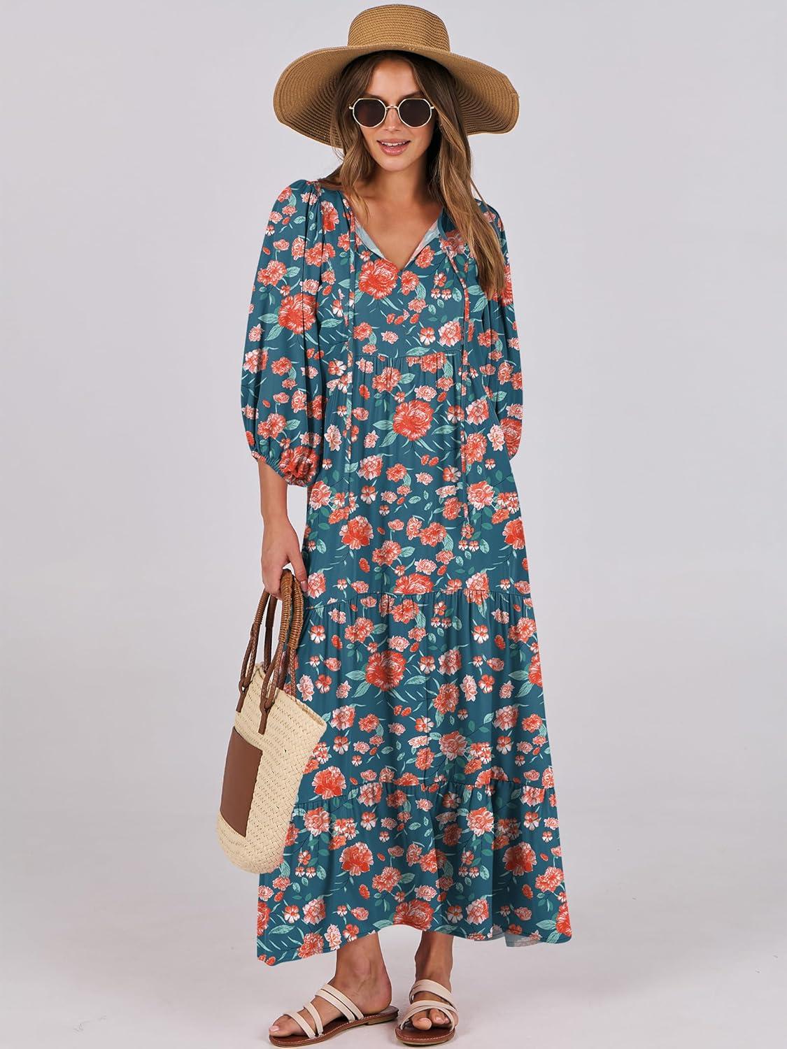 imageANRABESS Womens Boho Maxi Dresses 2025 Summer V Neck Puff Sleeve Floral Flowy Swing Fall Casual Long DressTeal Red Floral