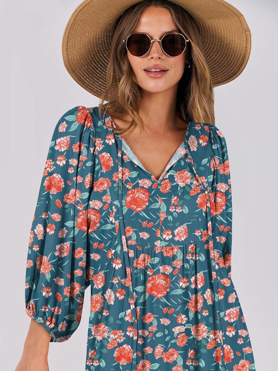 imageANRABESS Womens Boho Maxi Dresses 2025 Summer V Neck Puff Sleeve Floral Flowy Swing Fall Casual Long DressTeal Red Floral