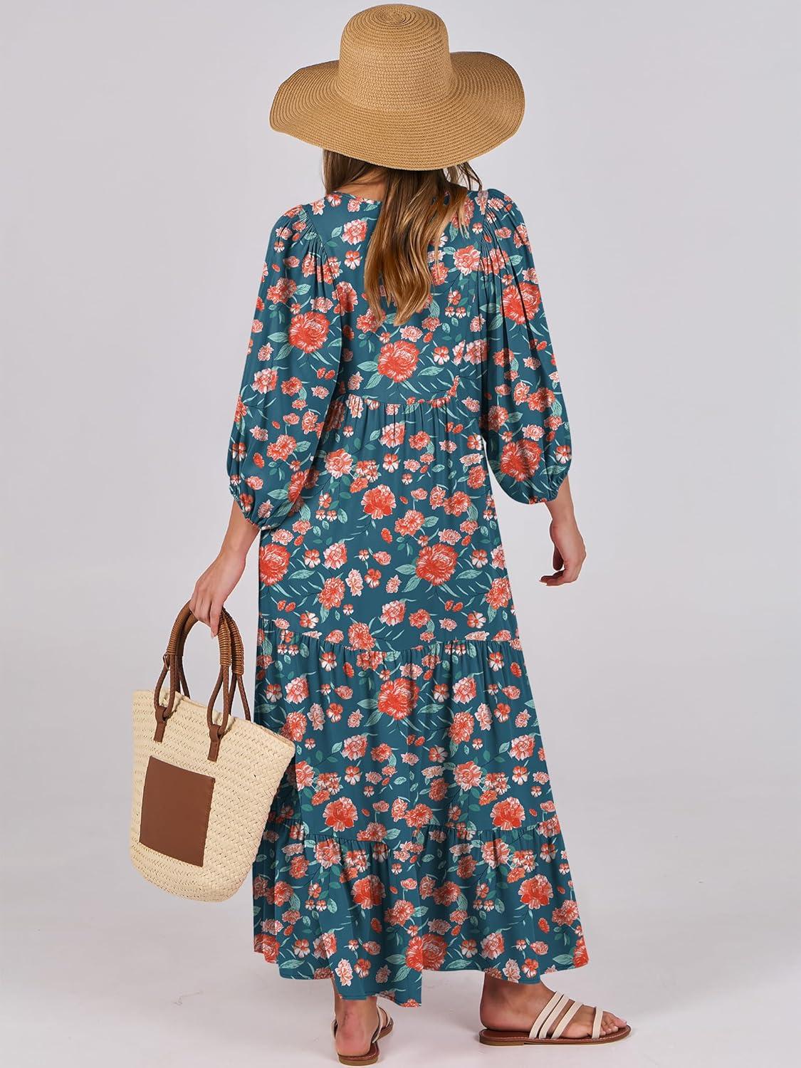 imageANRABESS Womens Boho Maxi Dresses 2025 Summer V Neck Puff Sleeve Floral Flowy Swing Fall Casual Long DressTeal Red Floral