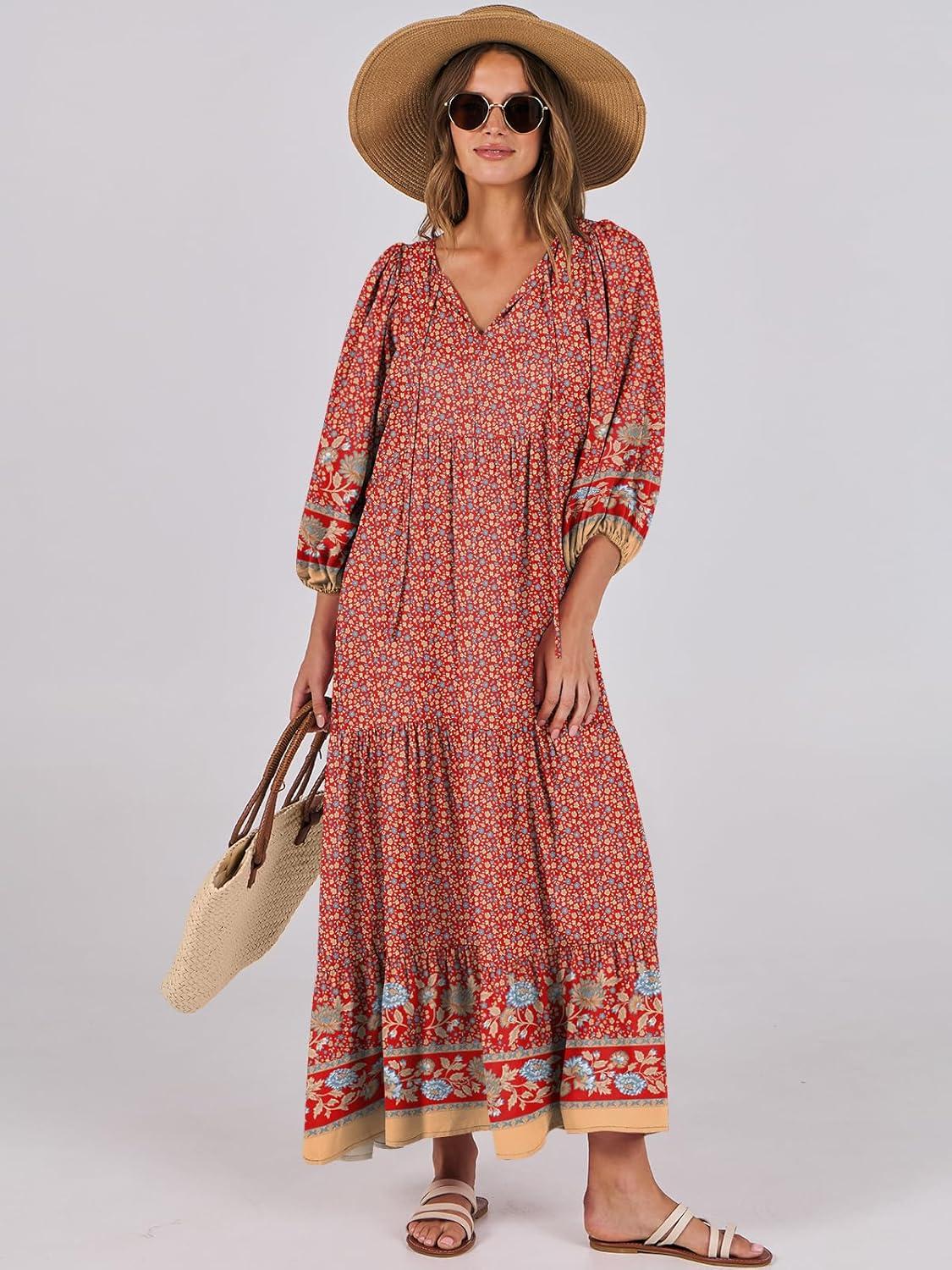 imageANRABESS Womens Boho Maxi Dresses 2025 Summer V Neck Puff Sleeve Floral Flowy Swing Fall Casual Long DressWine Red