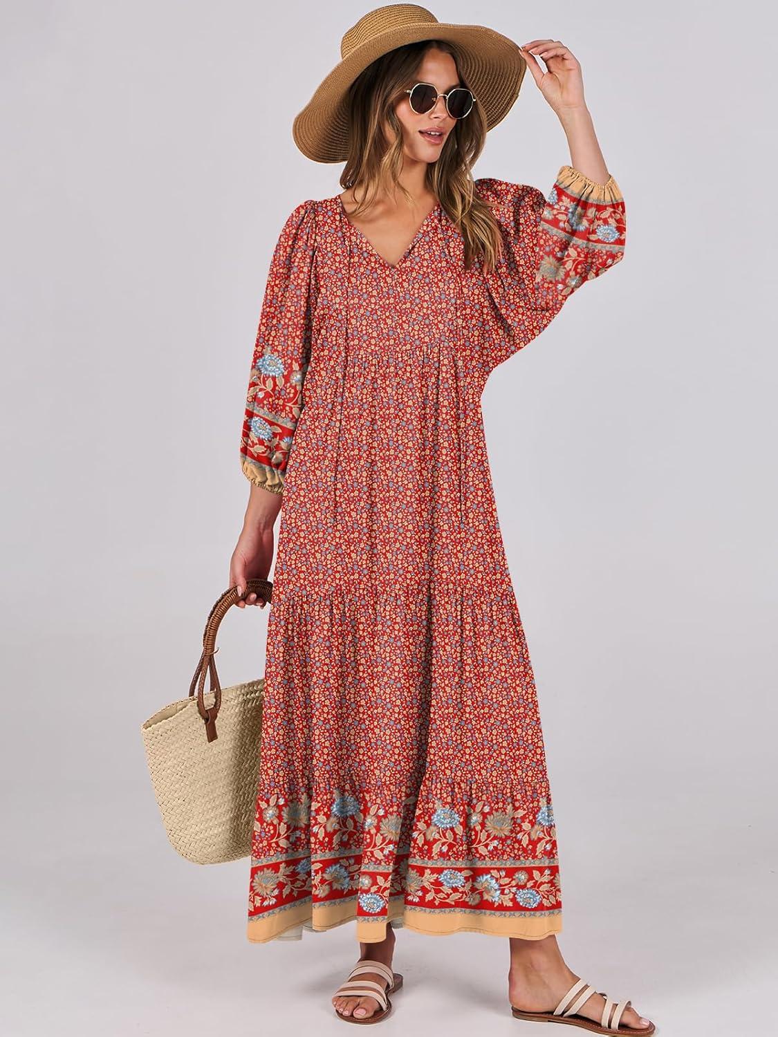 imageANRABESS Womens Boho Maxi Dresses 2025 Summer V Neck Puff Sleeve Floral Flowy Swing Fall Casual Long DressWine Red