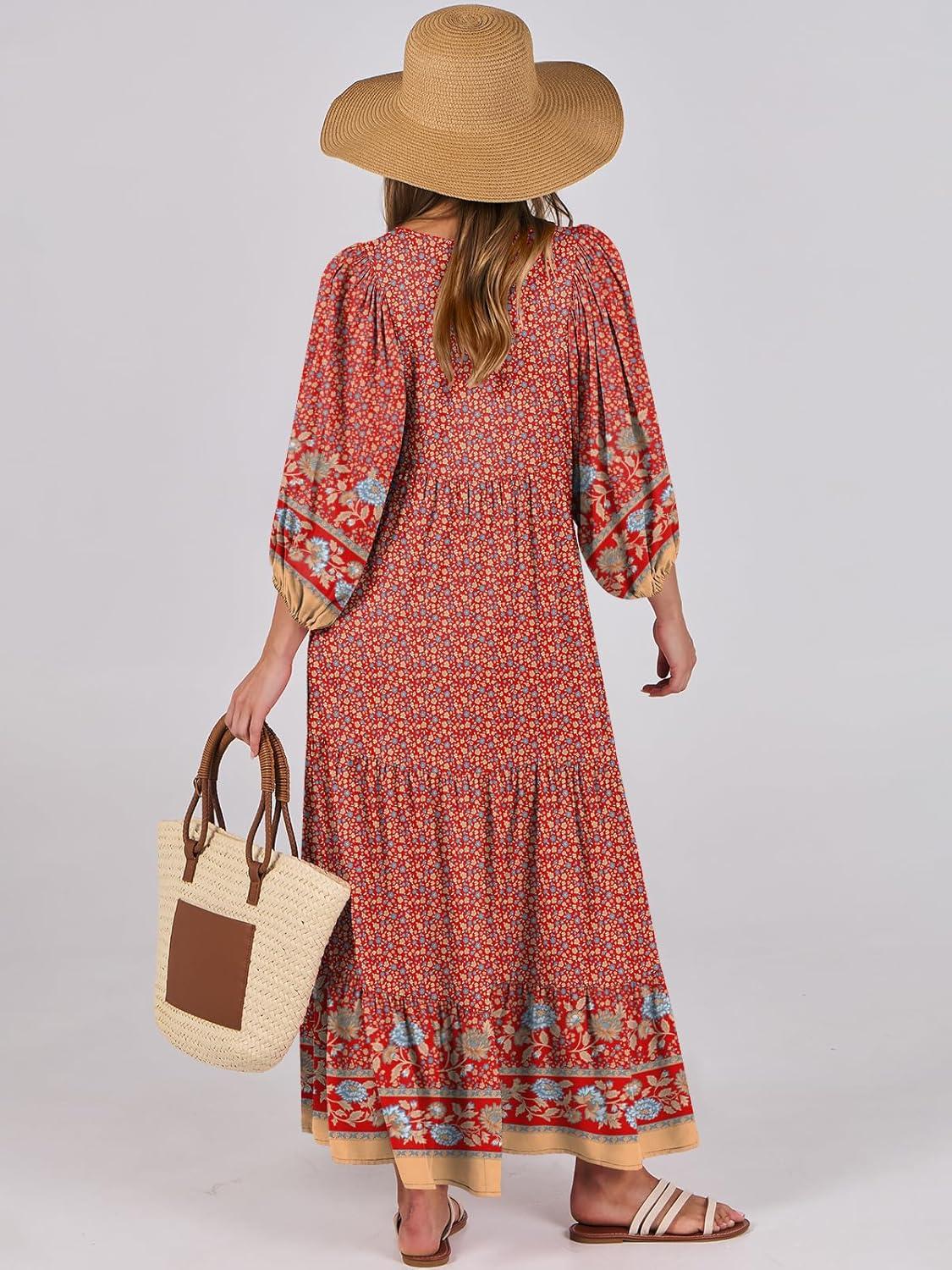 imageANRABESS Womens Boho Maxi Dresses 2025 Summer V Neck Puff Sleeve Floral Flowy Swing Fall Casual Long DressWine Red