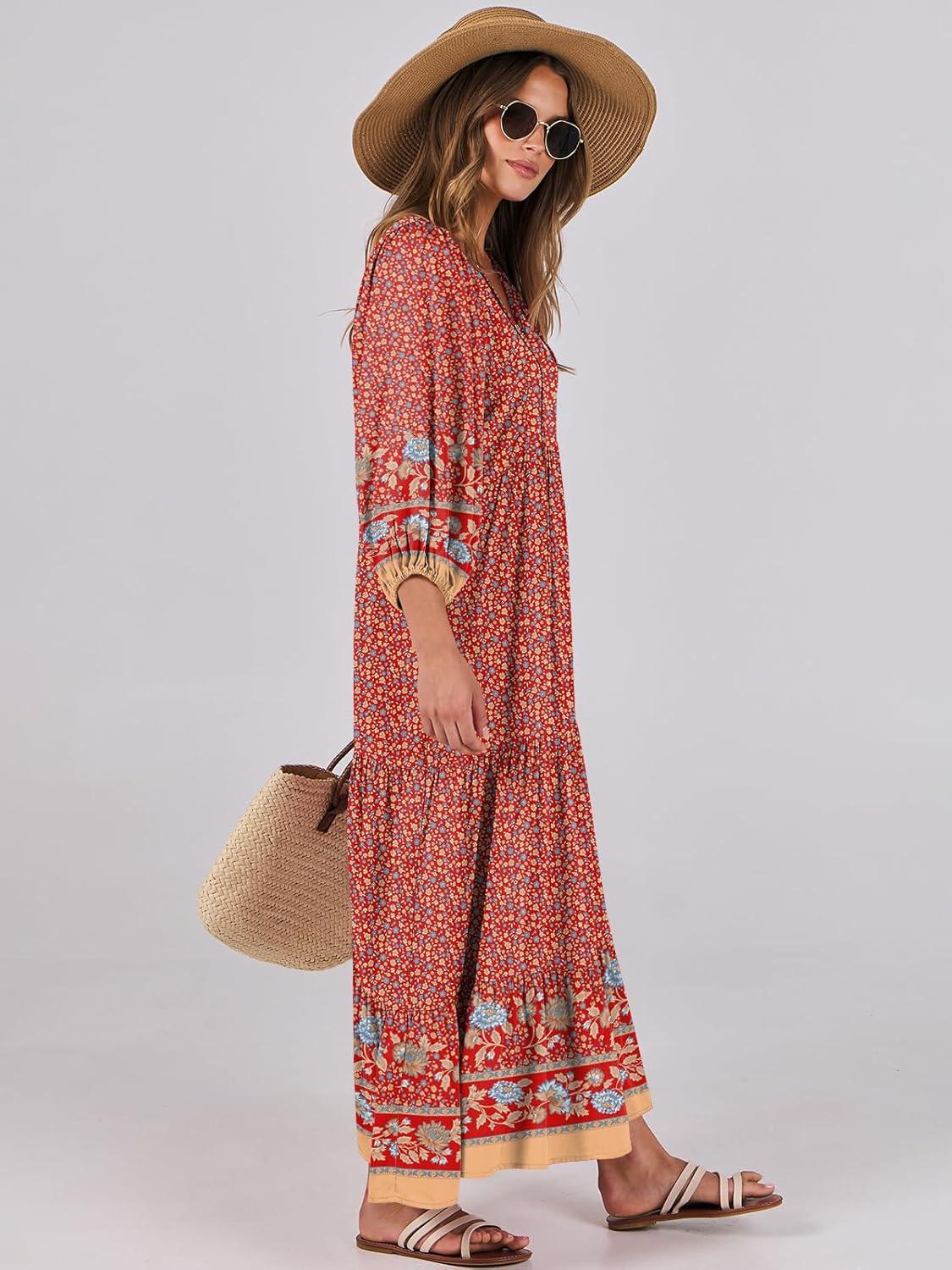 imageANRABESS Womens Boho Maxi Dresses 2025 Summer V Neck Puff Sleeve Floral Flowy Swing Fall Casual Long DressWine Red