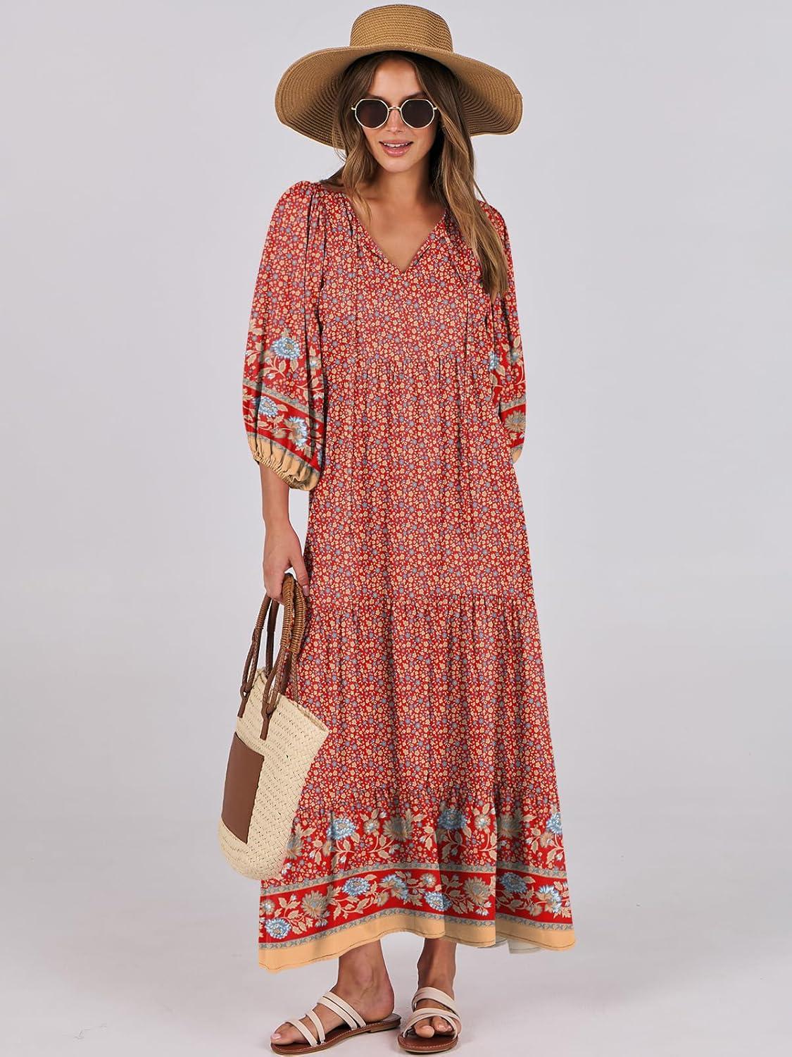 imageANRABESS Womens Boho Maxi Dresses 2025 Summer V Neck Puff Sleeve Floral Flowy Swing Fall Casual Long DressWine Red