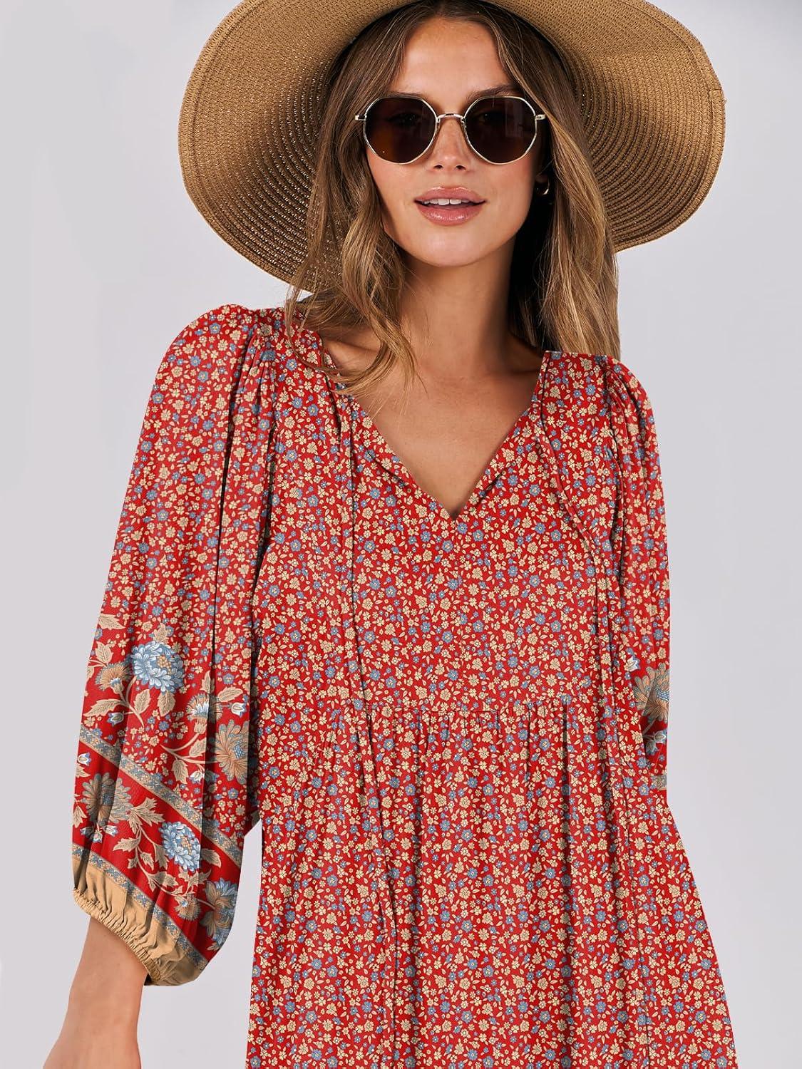 imageANRABESS Womens Boho Maxi Dresses 2025 Summer V Neck Puff Sleeve Floral Flowy Swing Fall Casual Long DressWine Red