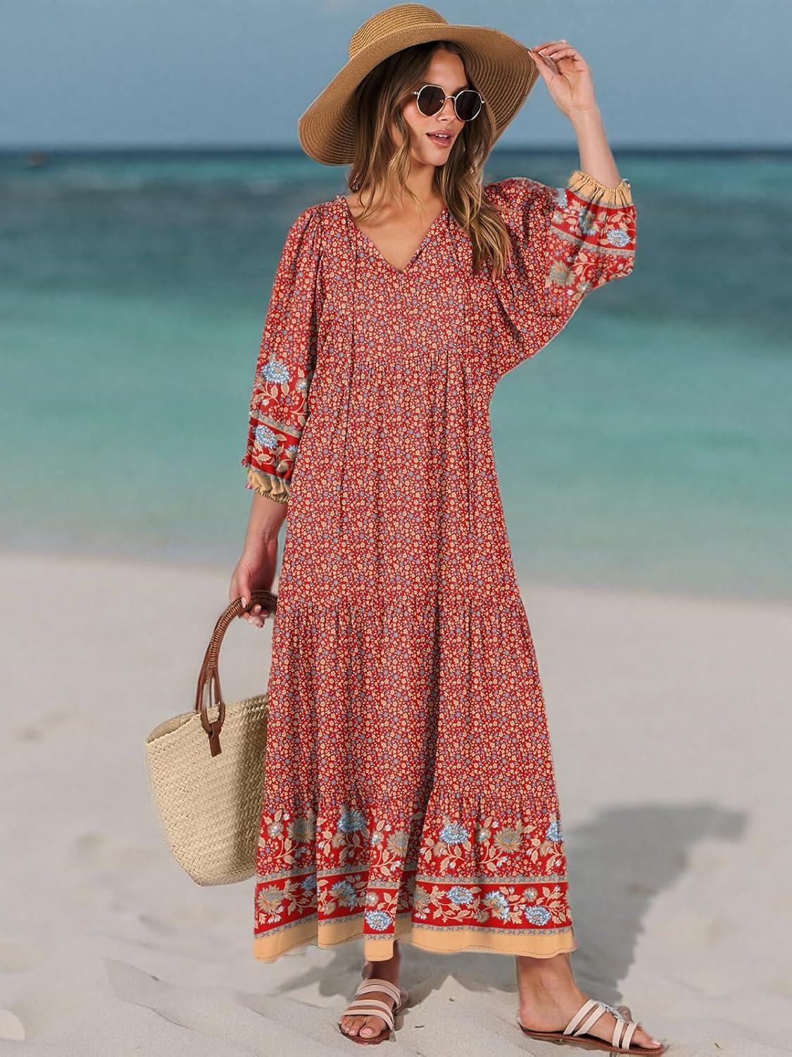 imageANRABESS Womens Boho Maxi Dresses 2025 Summer V Neck Puff Sleeve Floral Flowy Swing Fall Casual Long DressWine Red