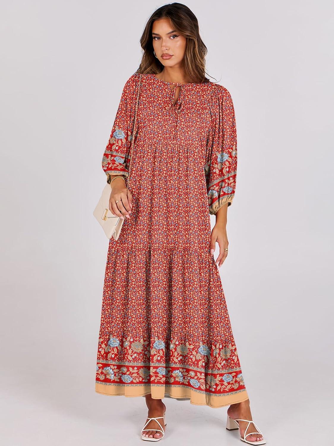 imageANRABESS Womens Boho Maxi Dresses 2025 Summer V Neck Puff Sleeve Floral Flowy Swing Fall Casual Long DressWine Red