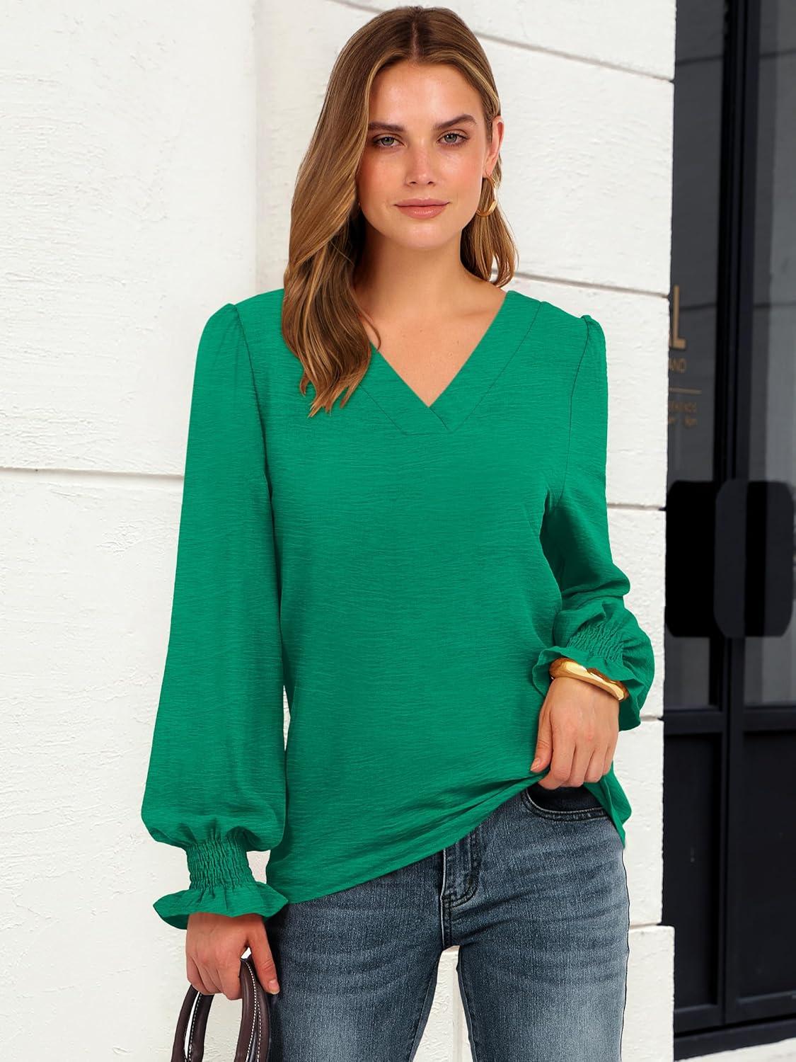 imageANRABESS Womens Business Casual Tops V Neck Puff Long Sleeve Shirts Dressy Office Work Blouse 2025 Fall Outfits ClothesGreen