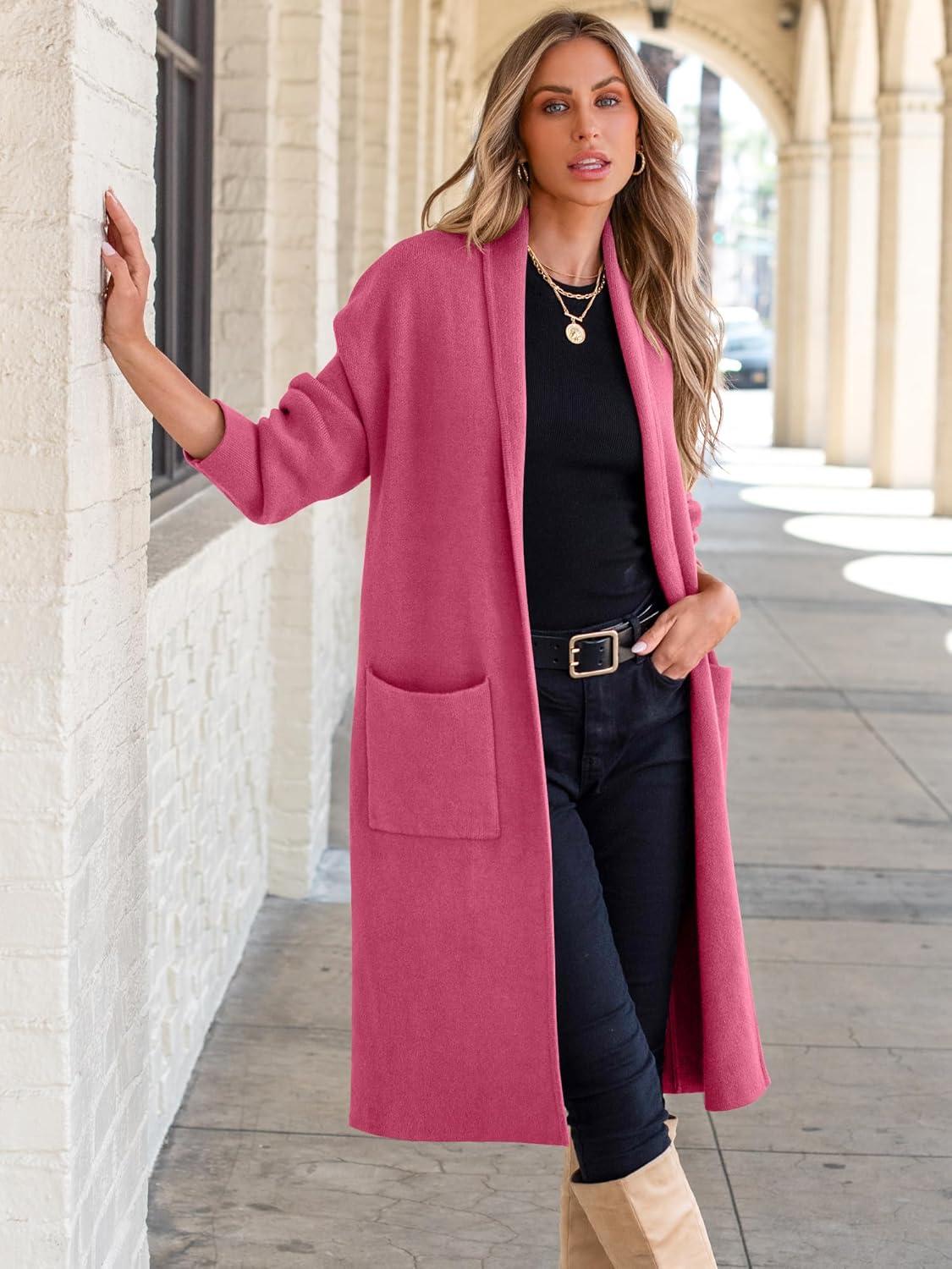 imageANRABESS Womens Cardigan Long Sweater Oversized Open Front Knit Coatigan Duster Coat 2025 Trendy Fall Outfits OuterwearHot Pink