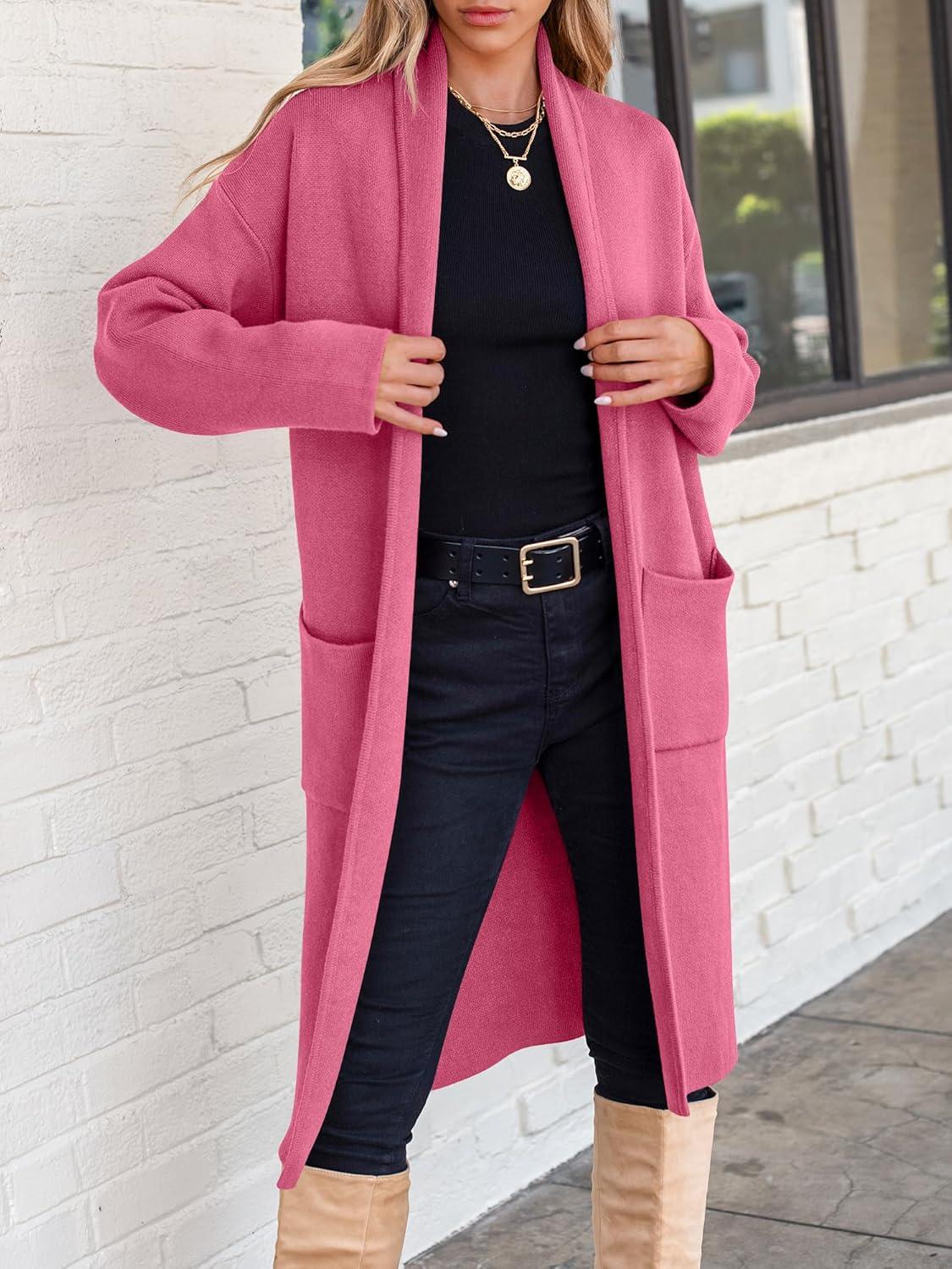 imageANRABESS Womens Cardigan Long Sweater Oversized Open Front Knit Coatigan Duster Coat 2025 Trendy Fall Outfits OuterwearHot Pink