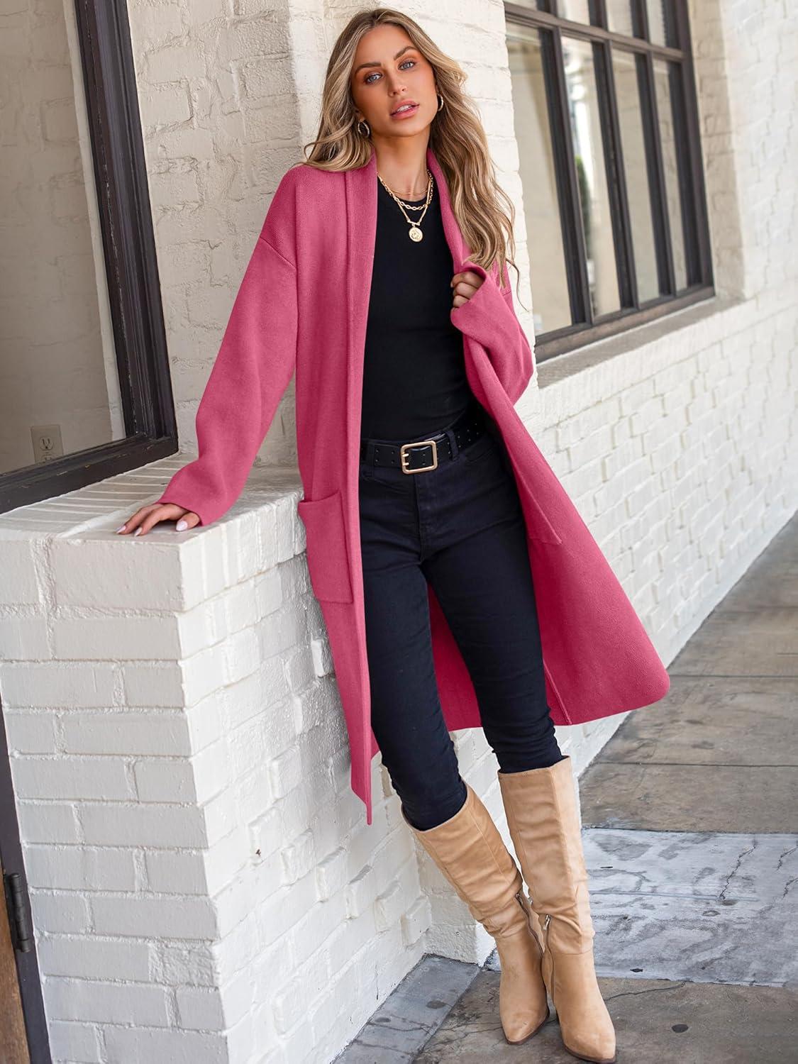 imageANRABESS Womens Cardigan Long Sweater Oversized Open Front Knit Coatigan Duster Coat 2025 Trendy Fall Outfits OuterwearHot Pink