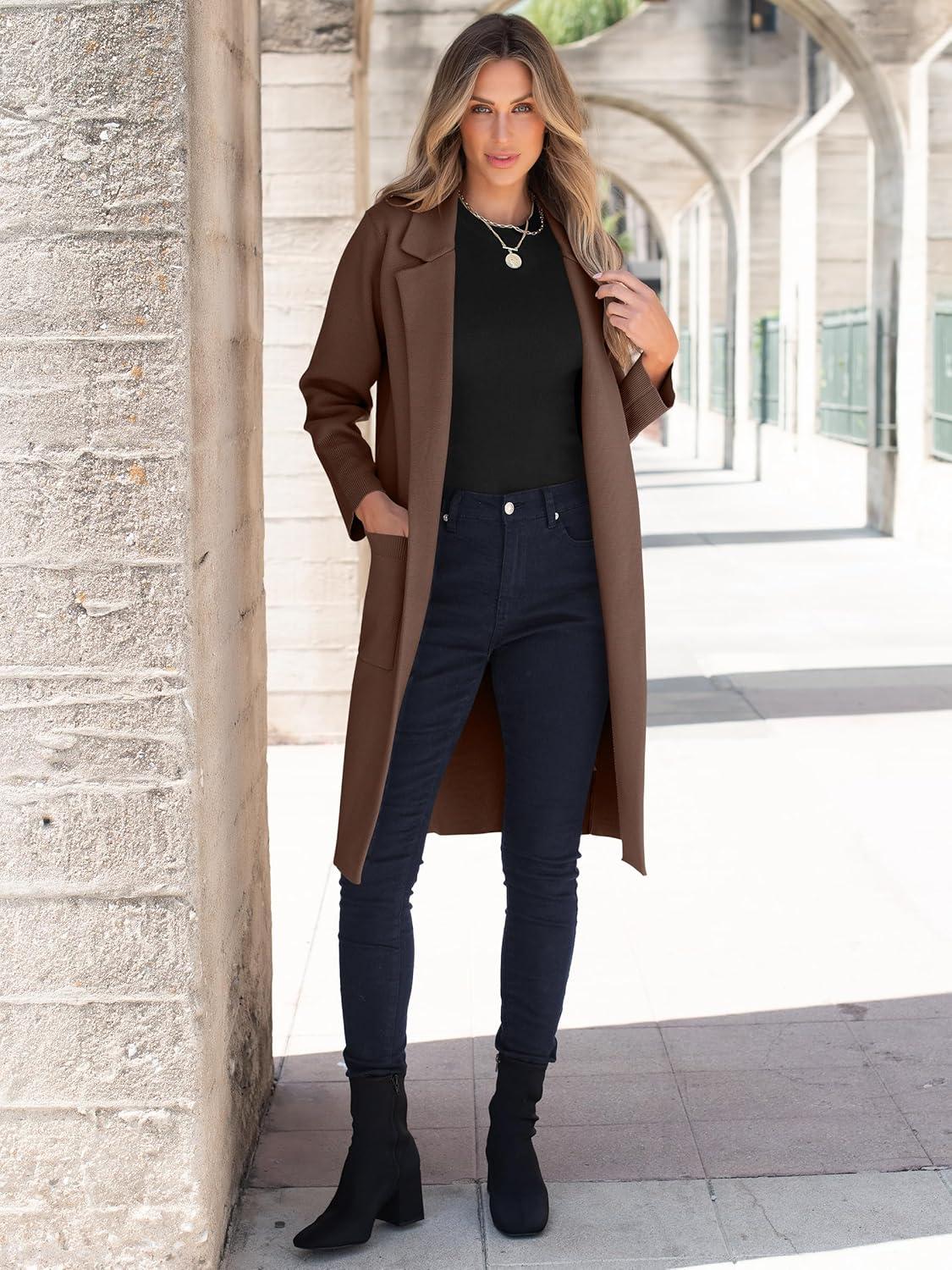 imageANRABESS Womens Cardigan Sweater 2025 Fall Outfits Knitted Lapel Long Coats CoatigansCoffee