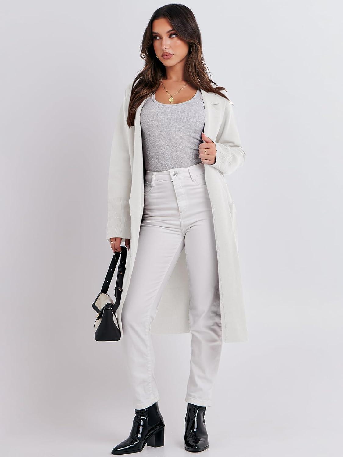 imageANRABESS Womens Cardigan Sweater 2025 Fall Outfits Knitted Lapel Long Coats CoatigansCream White