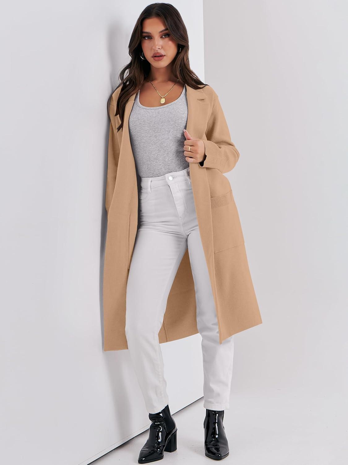 imageANRABESS Womens Cardigan Sweater 2025 Fall Outfits Knitted Lapel Long Coats CoatigansDeep Apricot