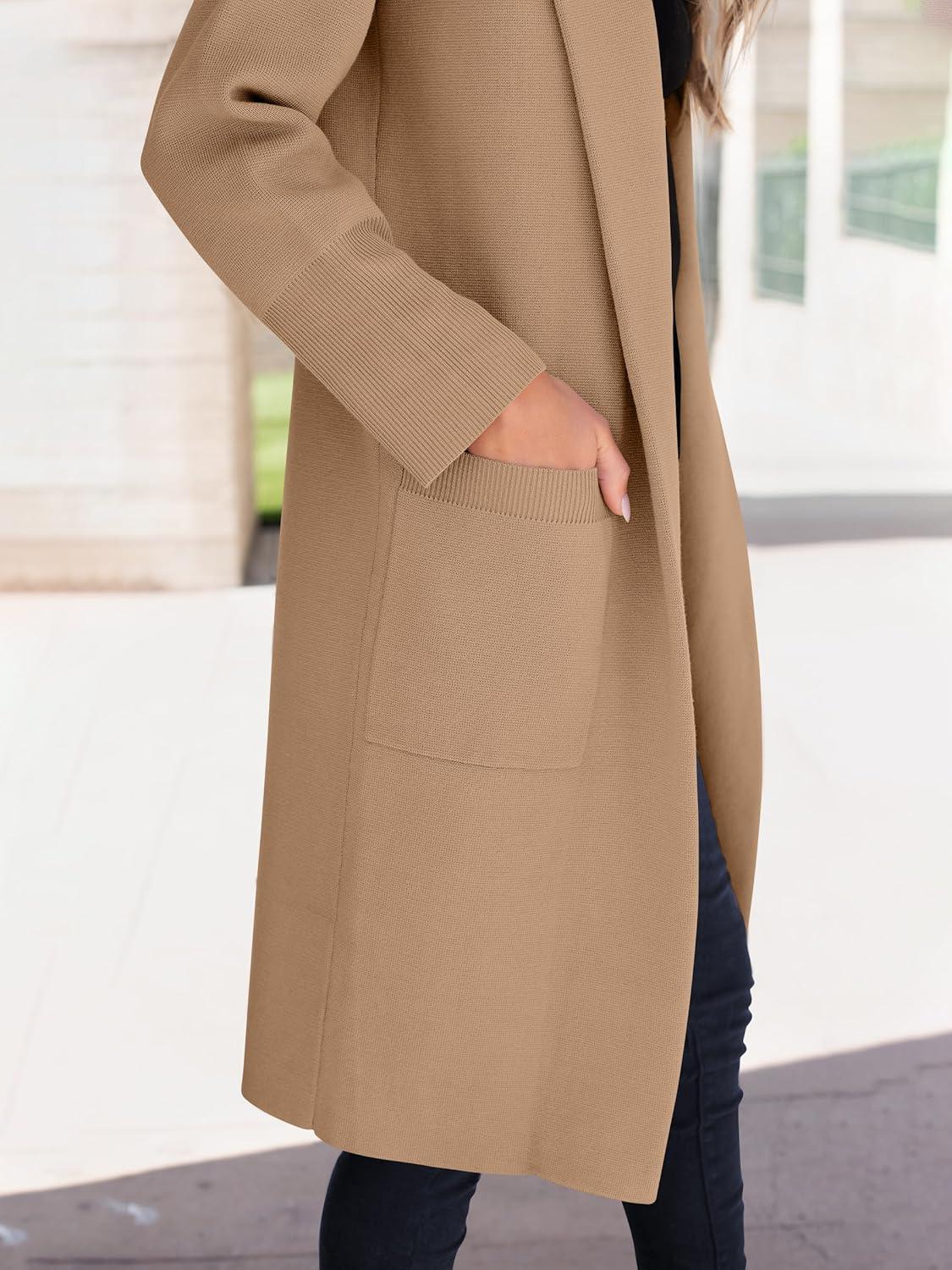 imageANRABESS Womens Cardigan Sweater 2025 Fall Outfits Knitted Lapel Long Coats CoatigansDeep Apricot