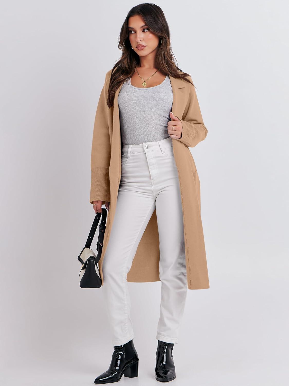 imageANRABESS Womens Cardigan Sweater 2025 Fall Outfits Knitted Lapel Long Coats CoatigansDeep Apricot