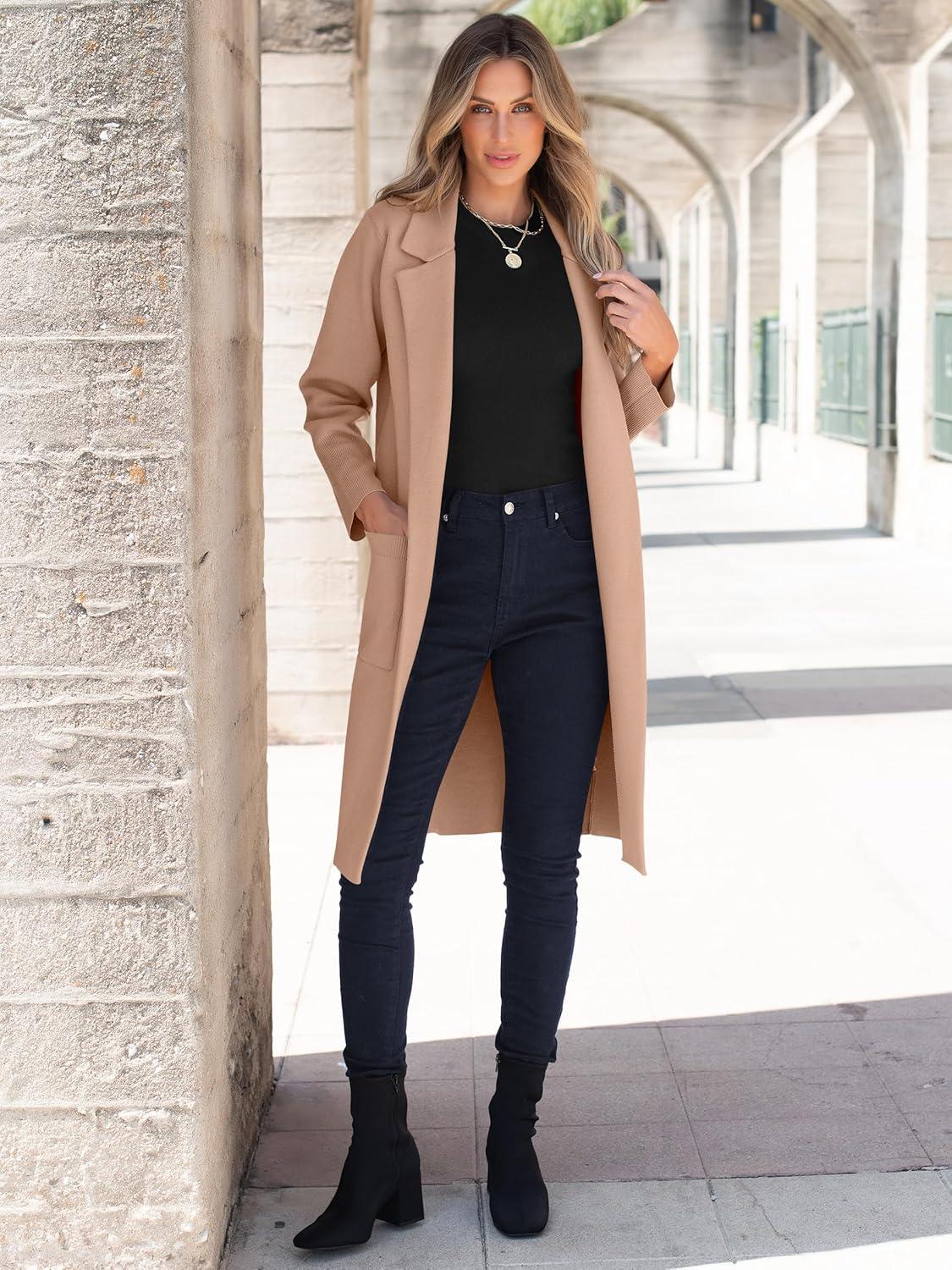 imageANRABESS Womens Cardigan Sweater 2025 Fall Outfits Knitted Lapel Long Coats CoatigansKhaki