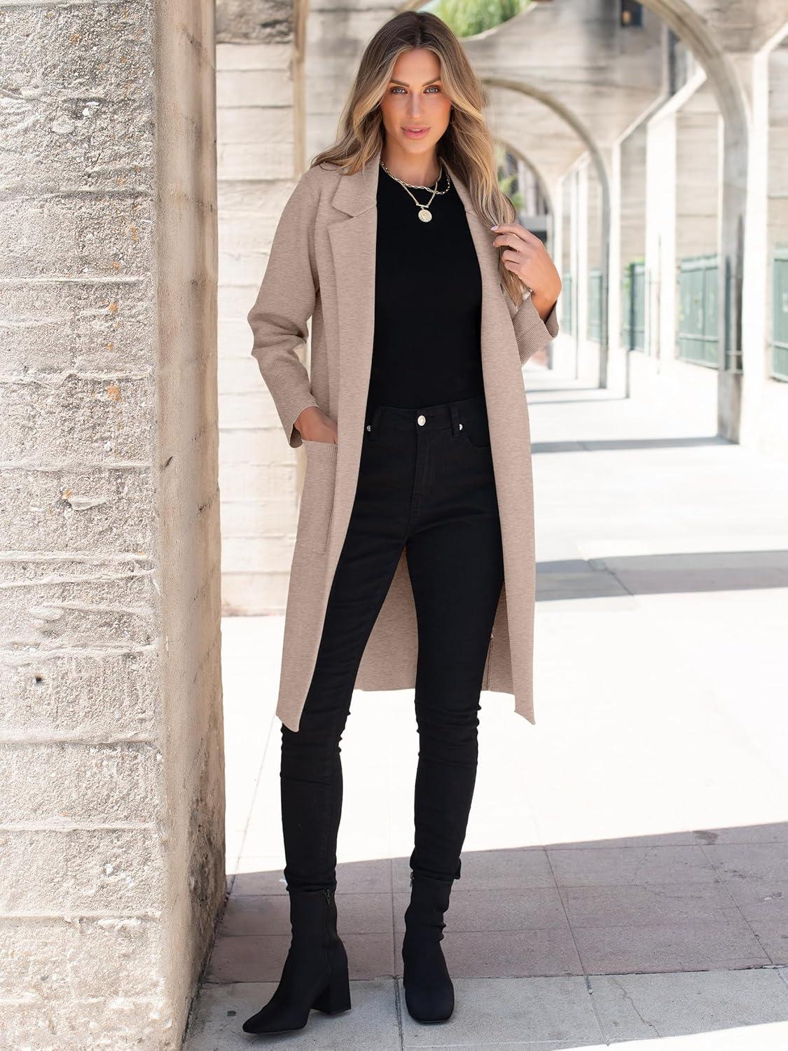 imageANRABESS Womens Cardigan Sweater 2025 Fall Outfits Knitted Lapel Long Coats CoatigansLight Khaki