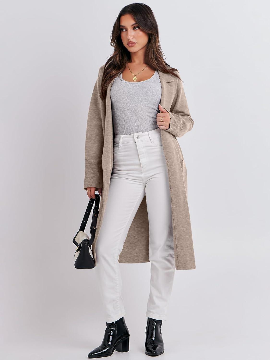 imageANRABESS Womens Cardigan Sweater 2025 Fall Outfits Knitted Lapel Long Coats CoatigansLight Khaki