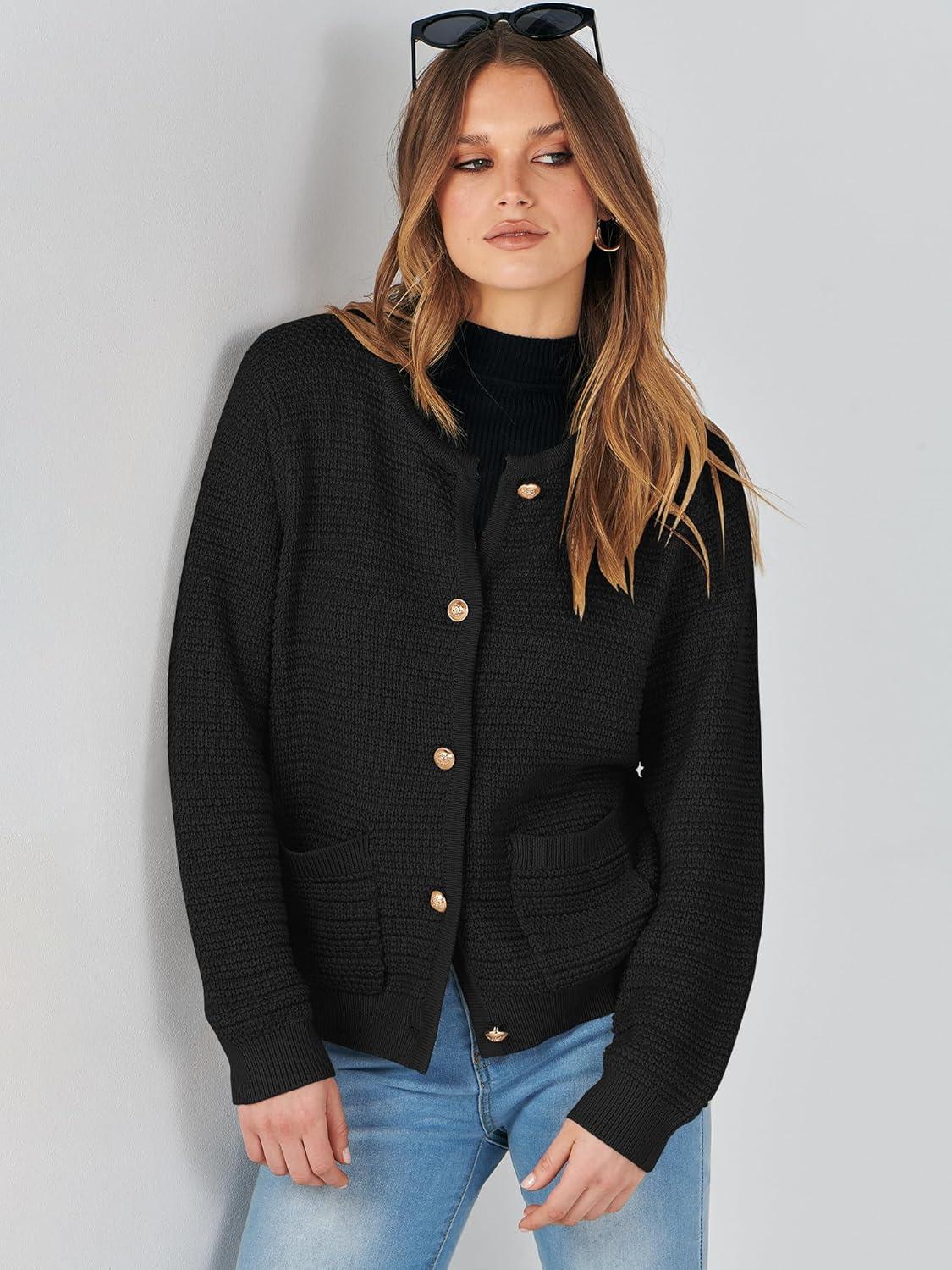 imageANRABESS Womens Cardigan Sweater Long Sleeve Button Down Lady Tweed Knit Jackets 2025 Fall OutfitsBlack