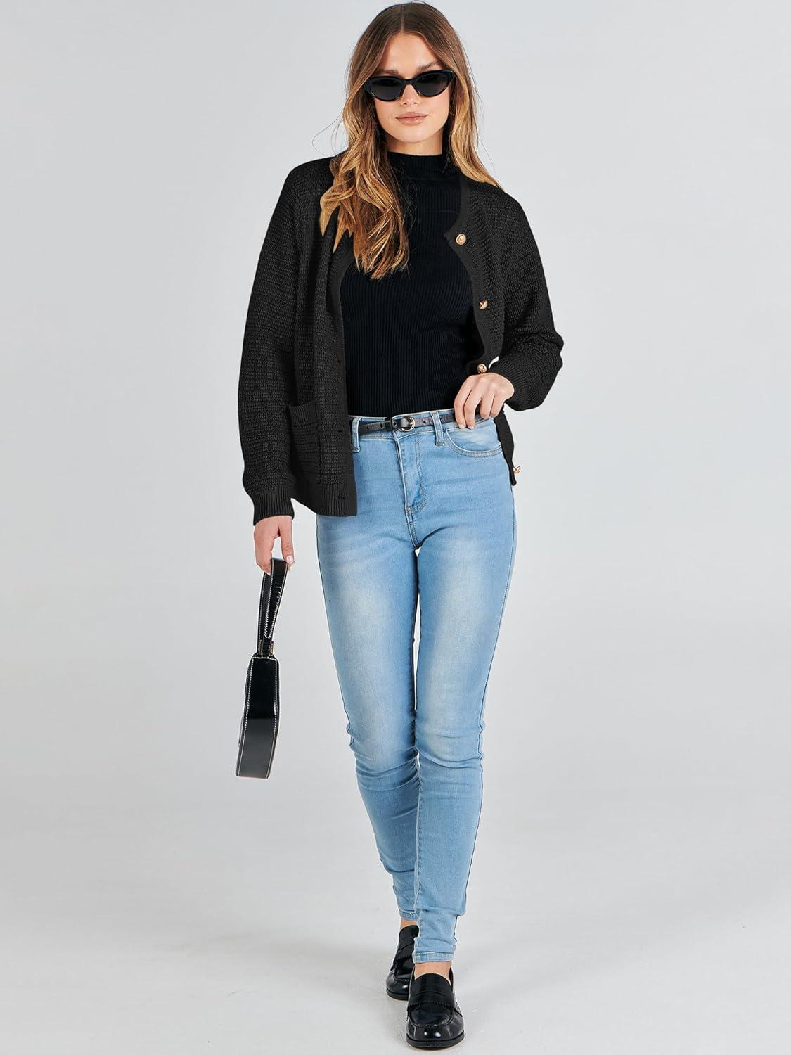 imageANRABESS Womens Cardigan Sweater Long Sleeve Button Down Lady Tweed Knit Jackets 2025 Fall OutfitsBlack