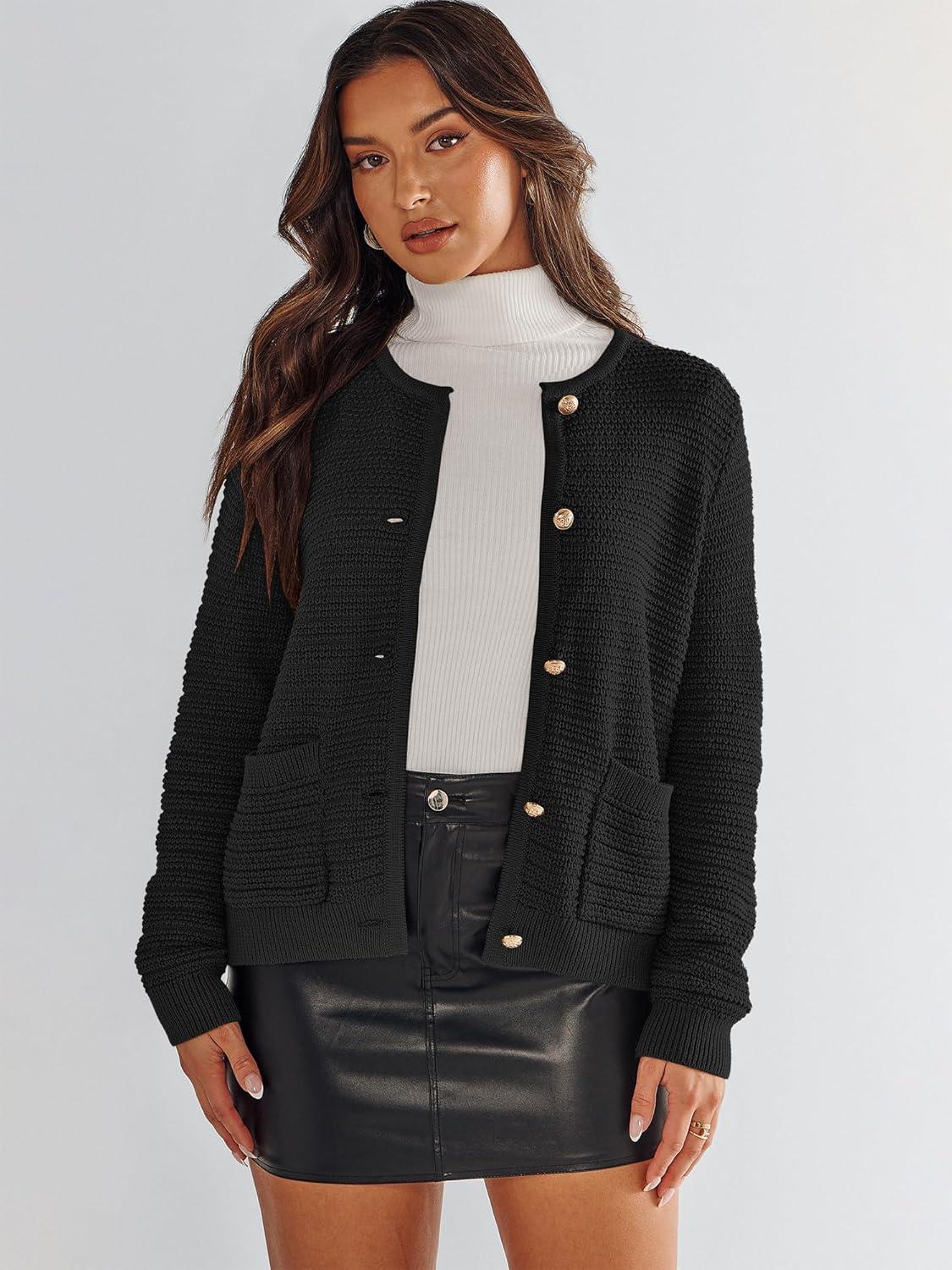 imageANRABESS Womens Cardigan Sweater Long Sleeve Button Down Lady Tweed Knit Jackets 2025 Fall OutfitsBlack