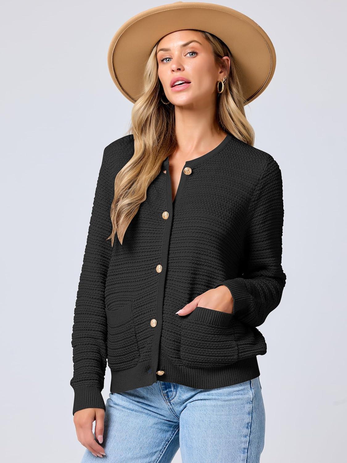 imageANRABESS Womens Cardigan Sweater Long Sleeve Button Down Lady Tweed Knit Jackets 2025 Fall OutfitsBlack