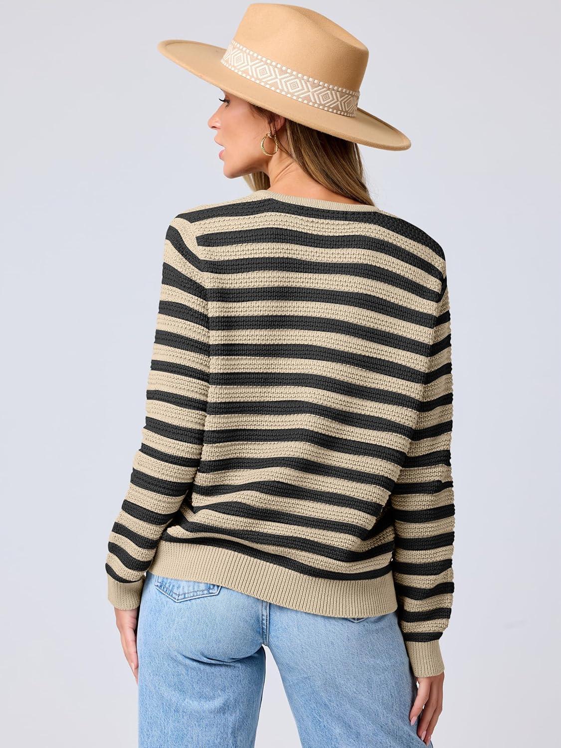 imageANRABESS Womens Cardigan Sweater Long Sleeve Button Down Lady Tweed Knit Jackets 2025 Fall OutfitsBlack Apricot Strip