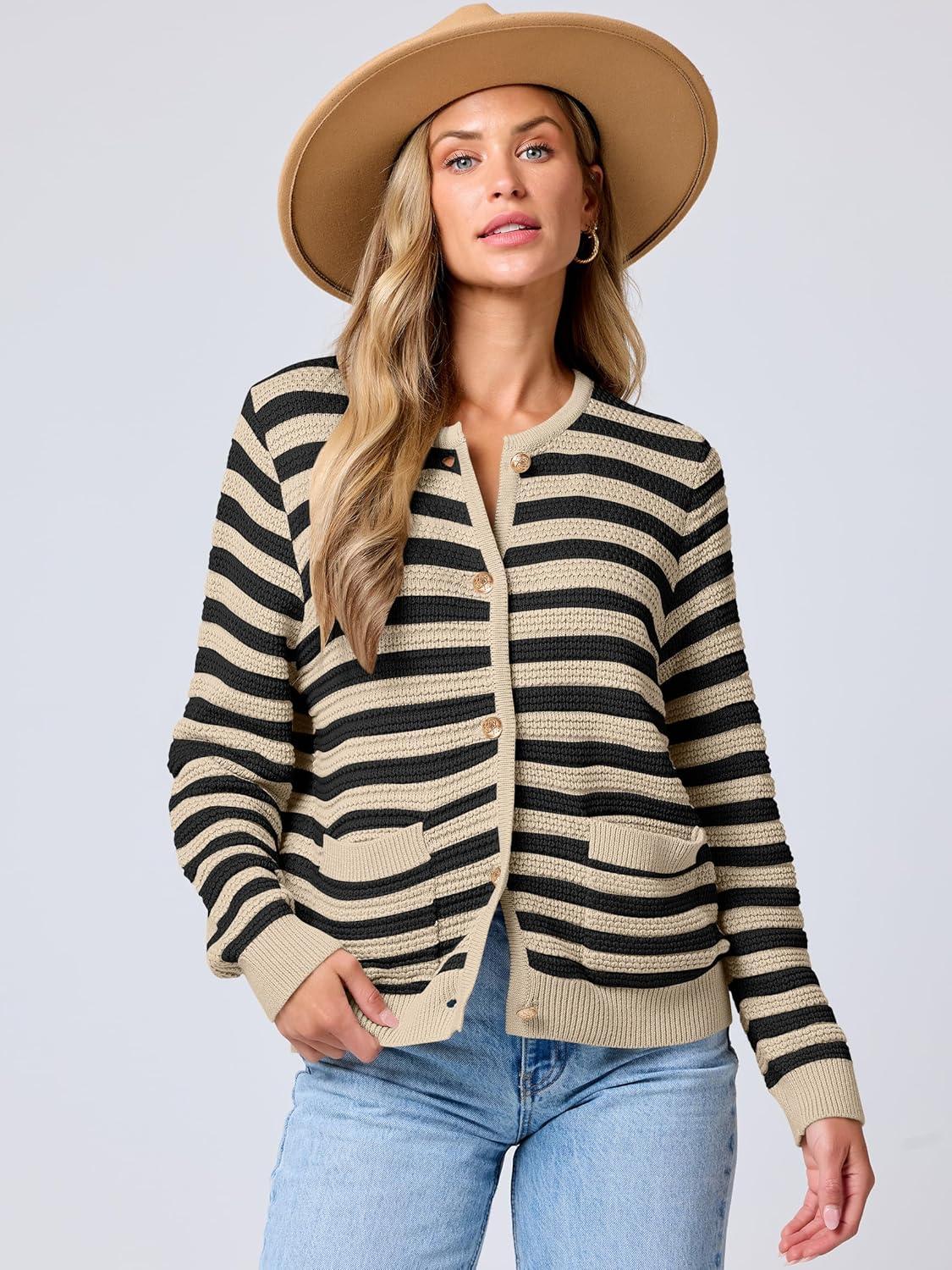 imageANRABESS Womens Cardigan Sweater Long Sleeve Button Down Lady Tweed Knit Jackets 2025 Fall OutfitsBlack Apricot Strip