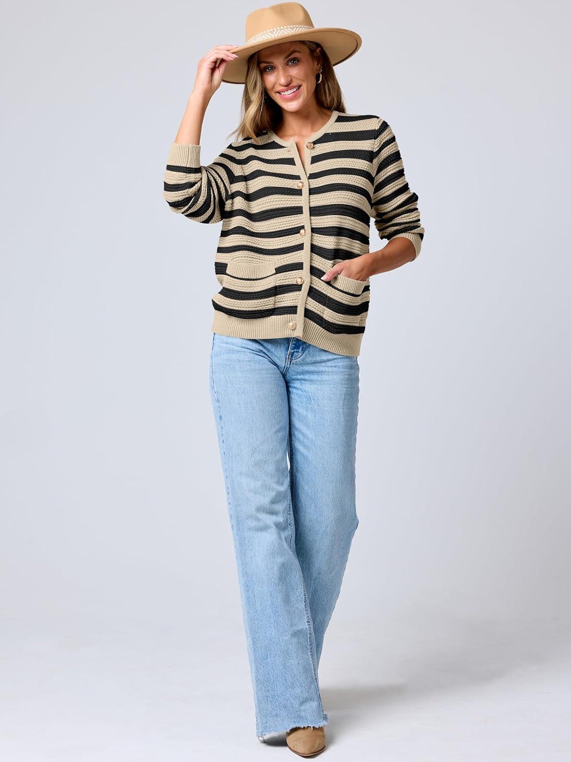 imageANRABESS Womens Cardigan Sweater Long Sleeve Button Down Lady Tweed Knit Jackets 2025 Fall OutfitsBlack Apricot Strip