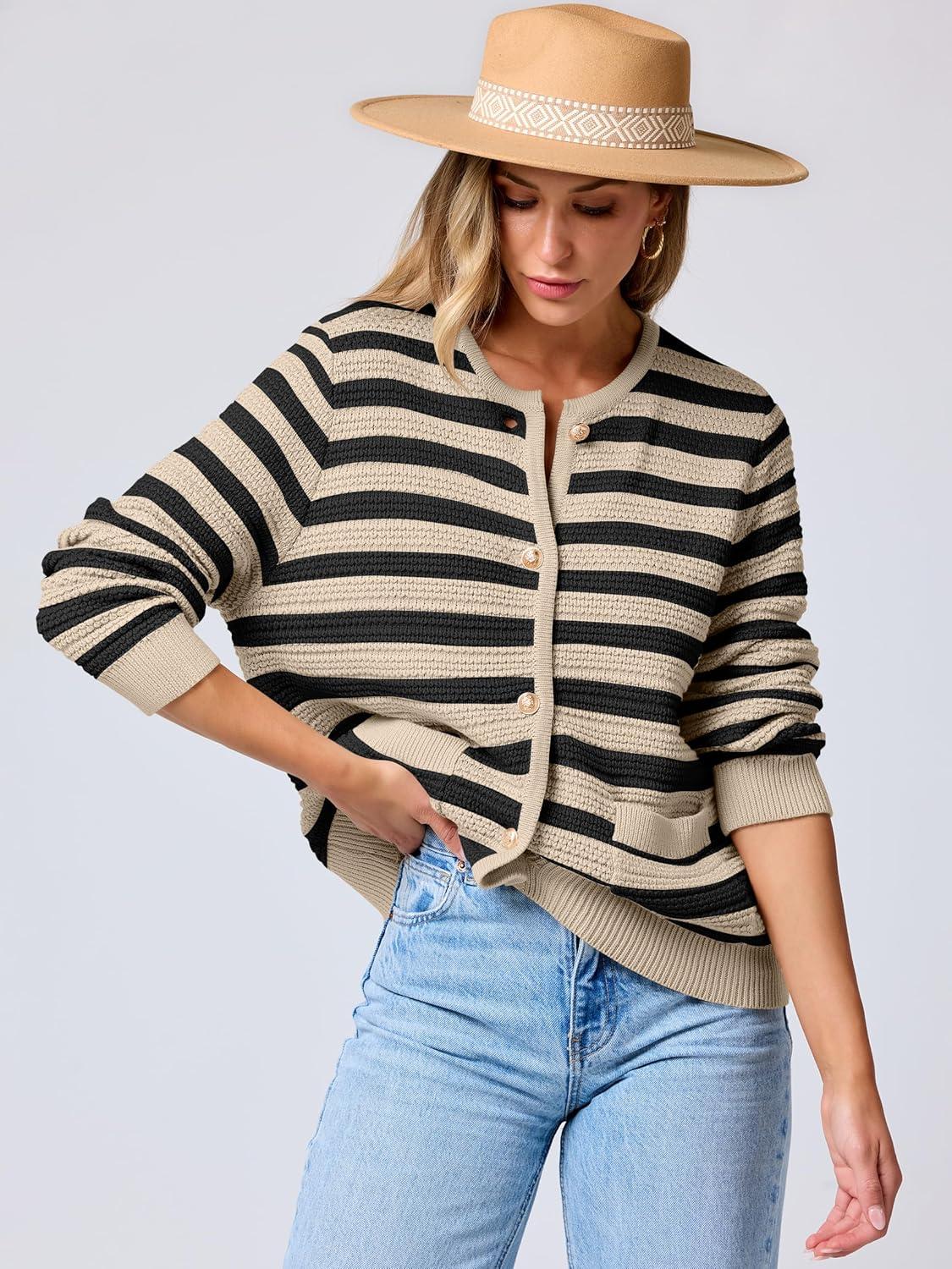 imageANRABESS Womens Cardigan Sweater Long Sleeve Button Down Lady Tweed Knit Jackets 2025 Fall OutfitsBlack Apricot Strip