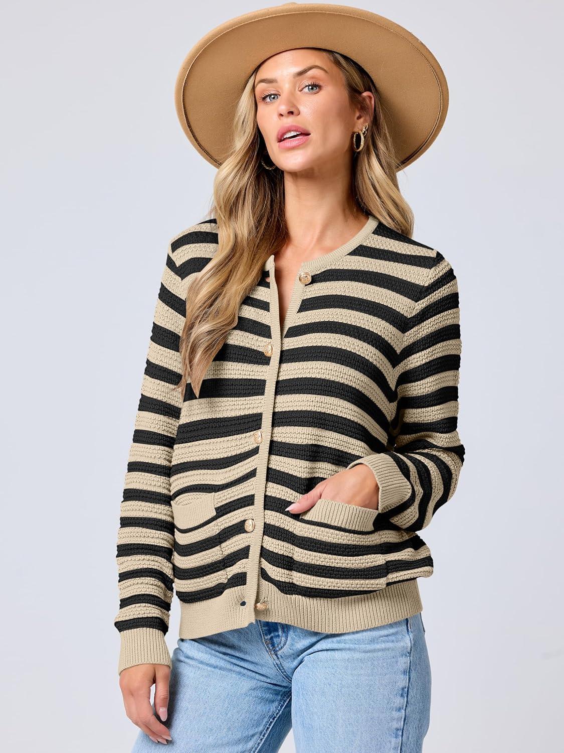 imageANRABESS Womens Cardigan Sweater Long Sleeve Button Down Lady Tweed Knit Jackets 2025 Fall OutfitsBlack Apricot Strip