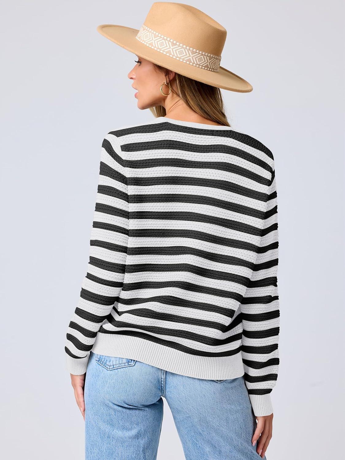 imageANRABESS Womens Cardigan Sweater Long Sleeve Button Down Lady Tweed Knit Jackets 2025 Fall OutfitsBlack White Strip