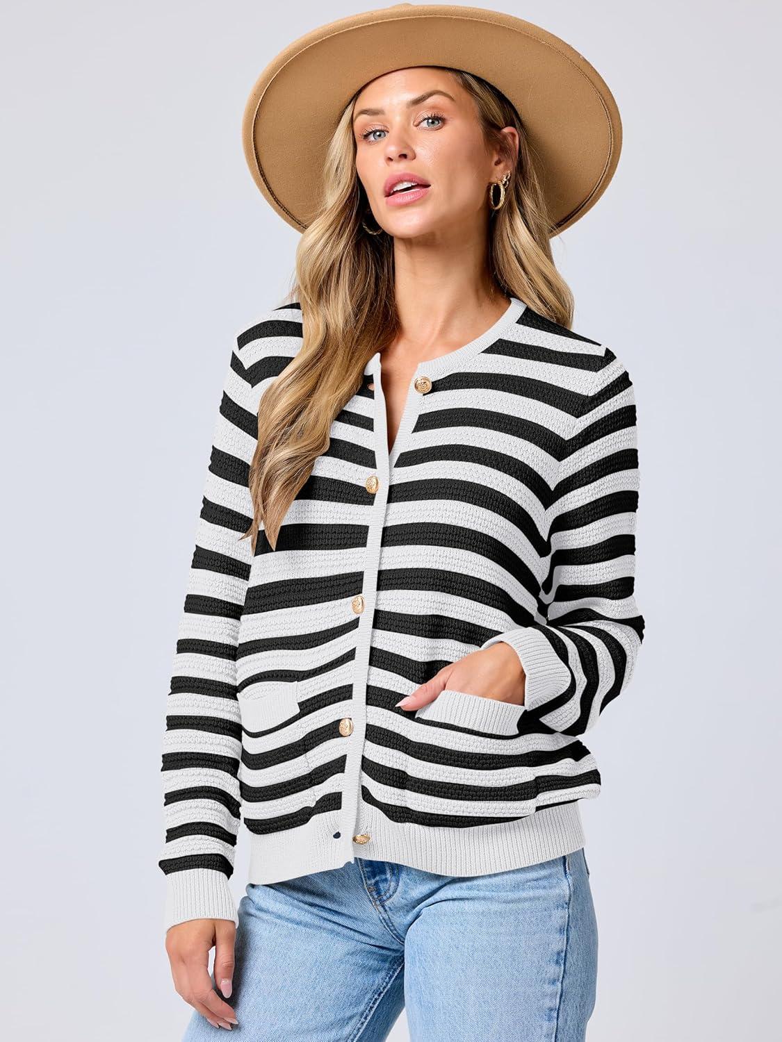 imageANRABESS Womens Cardigan Sweater Long Sleeve Button Down Lady Tweed Knit Jackets 2025 Fall OutfitsBlack White Strip