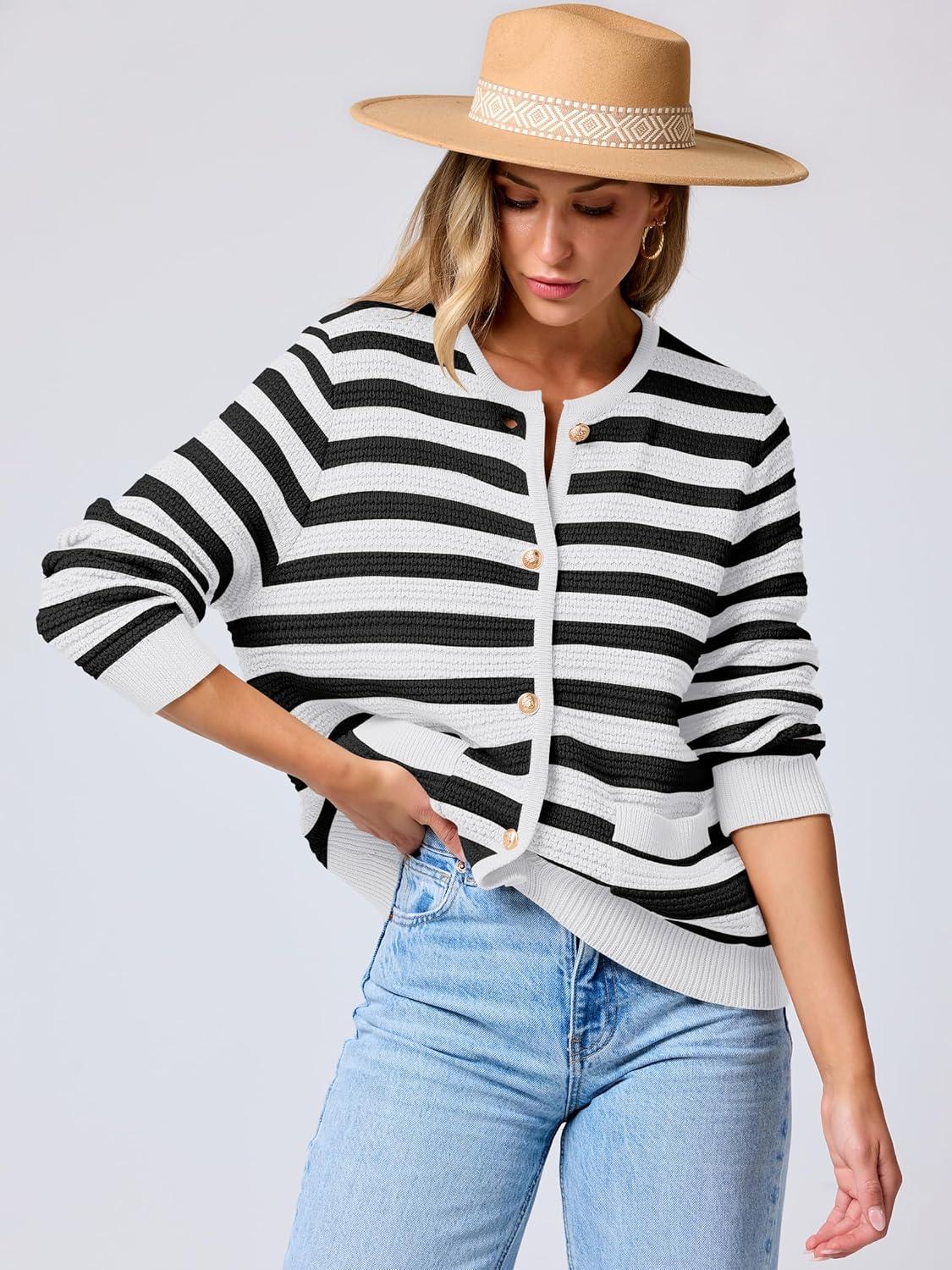 imageANRABESS Womens Cardigan Sweater Long Sleeve Button Down Lady Tweed Knit Jackets 2025 Fall OutfitsBlack White Strip