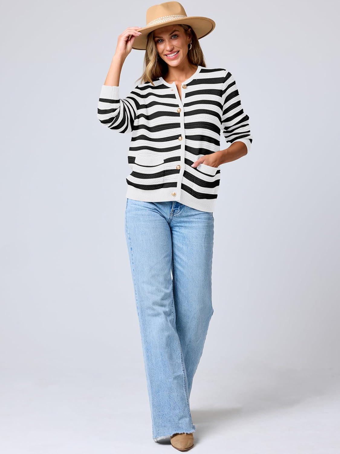 imageANRABESS Womens Cardigan Sweater Long Sleeve Button Down Lady Tweed Knit Jackets 2025 Fall OutfitsBlack White Strip