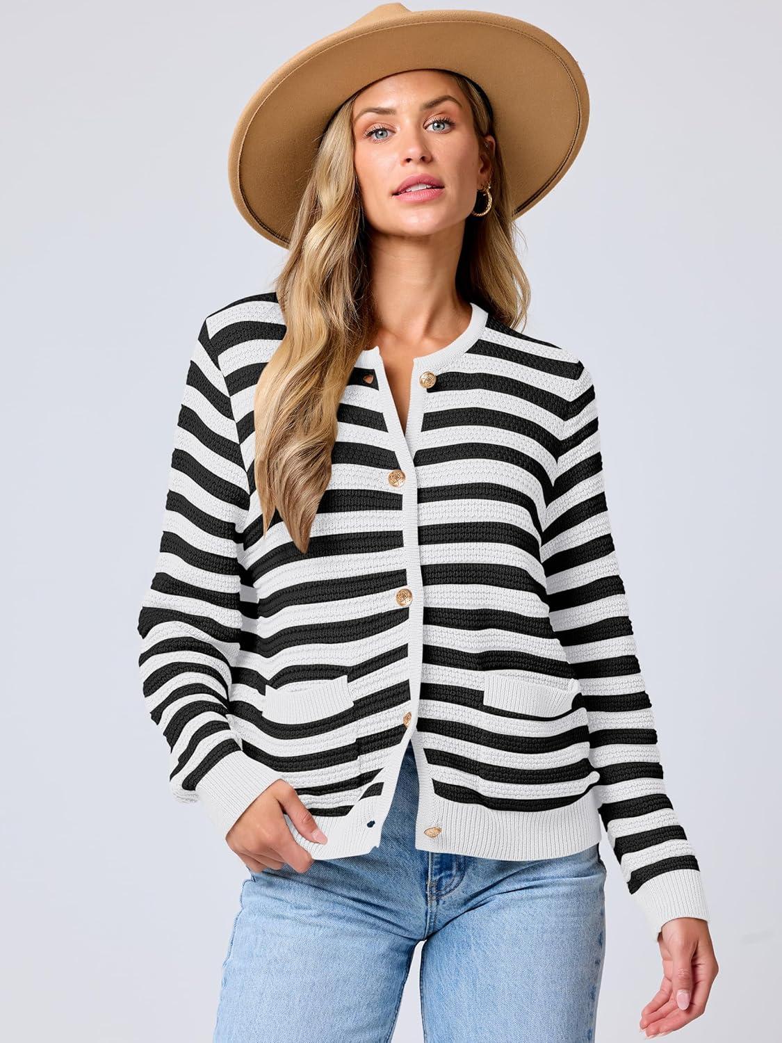 imageANRABESS Womens Cardigan Sweater Long Sleeve Button Down Lady Tweed Knit Jackets 2025 Fall OutfitsBlack White Strip