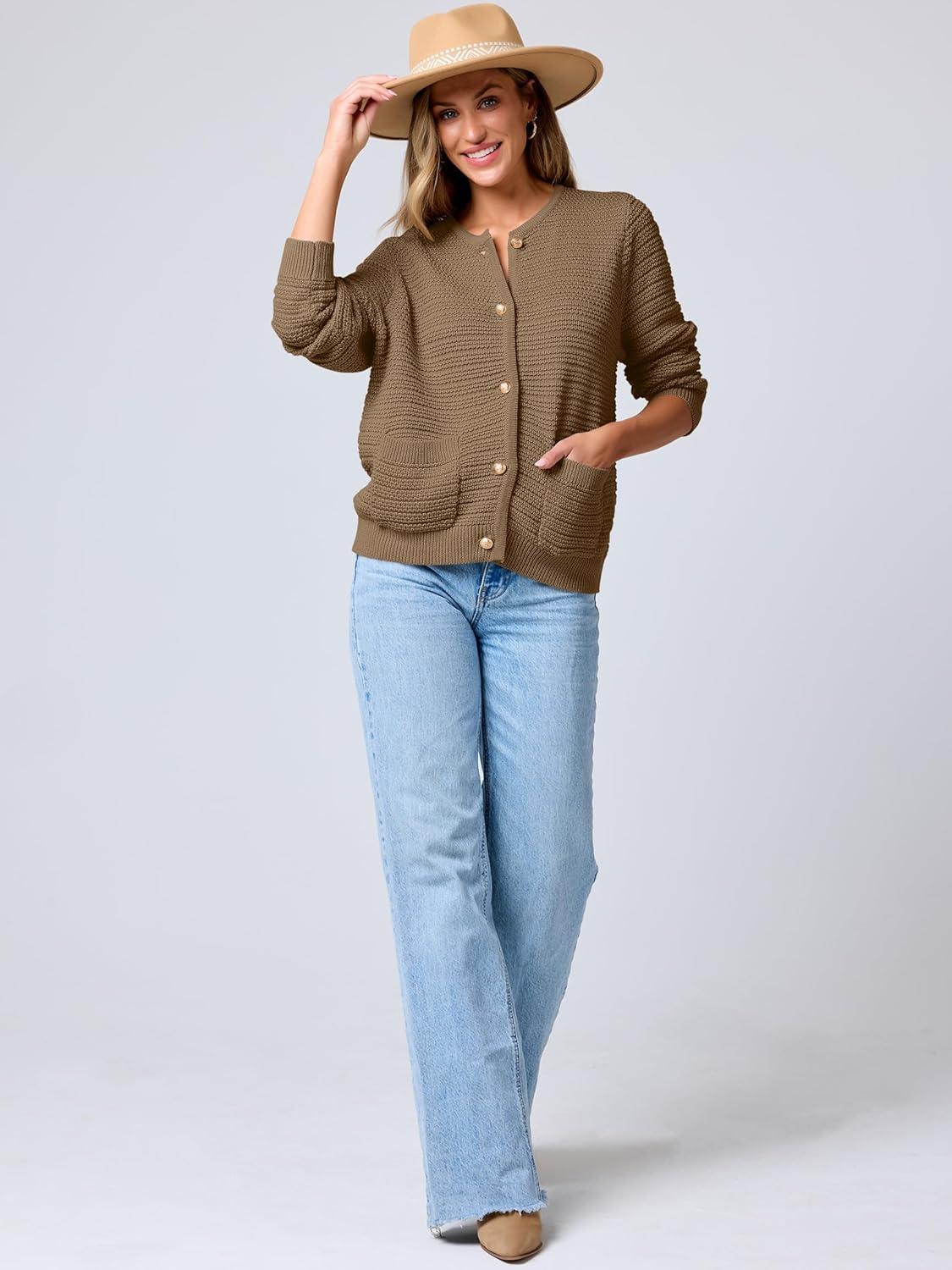 imageANRABESS Womens Cardigan Sweater Long Sleeve Button Down Lady Tweed Knit Jackets 2025 Fall OutfitsDeep Khaki