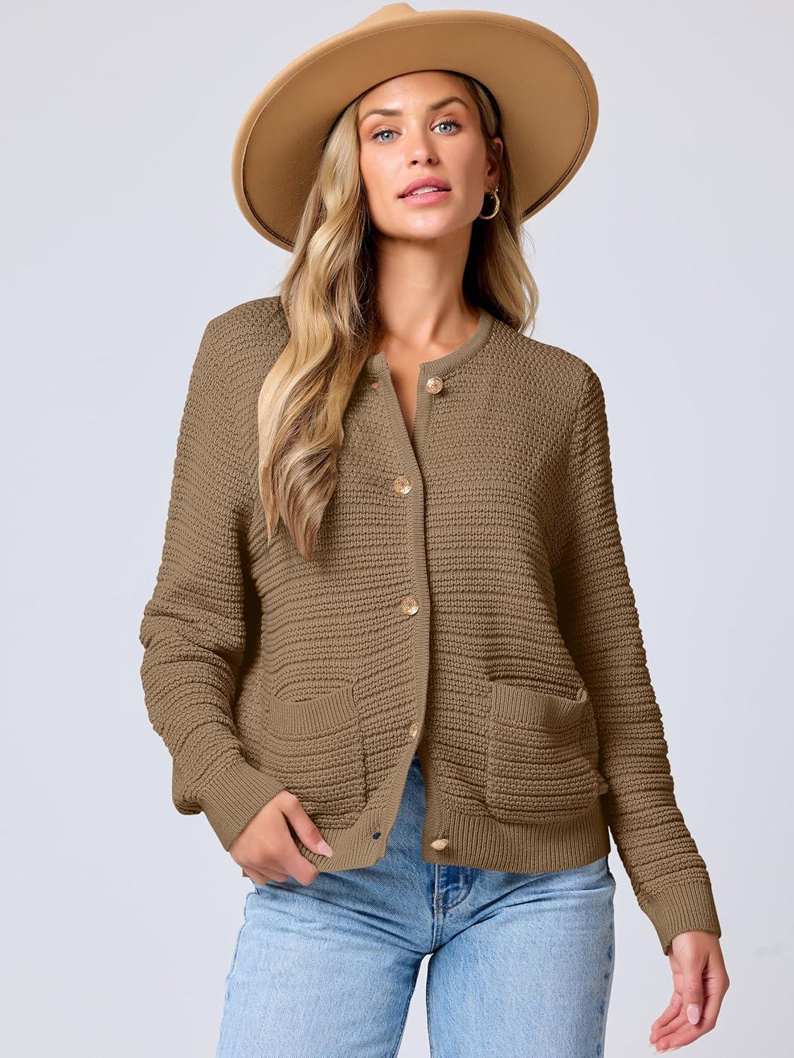 imageANRABESS Womens Cardigan Sweater Long Sleeve Button Down Lady Tweed Knit Jackets 2025 Fall OutfitsDeep Khaki