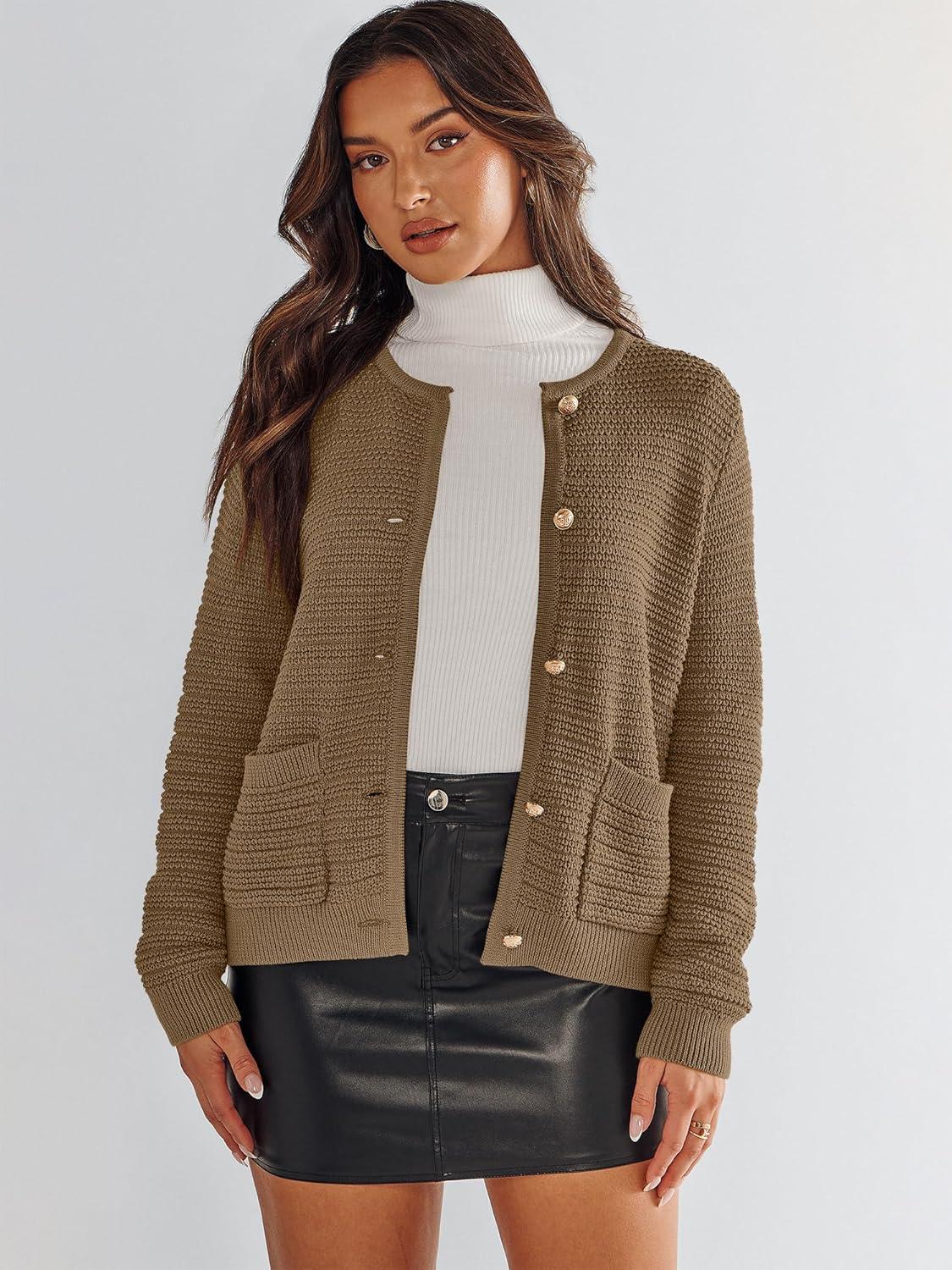 imageANRABESS Womens Cardigan Sweater Long Sleeve Button Down Lady Tweed Knit Jackets 2025 Fall OutfitsDeep Khaki